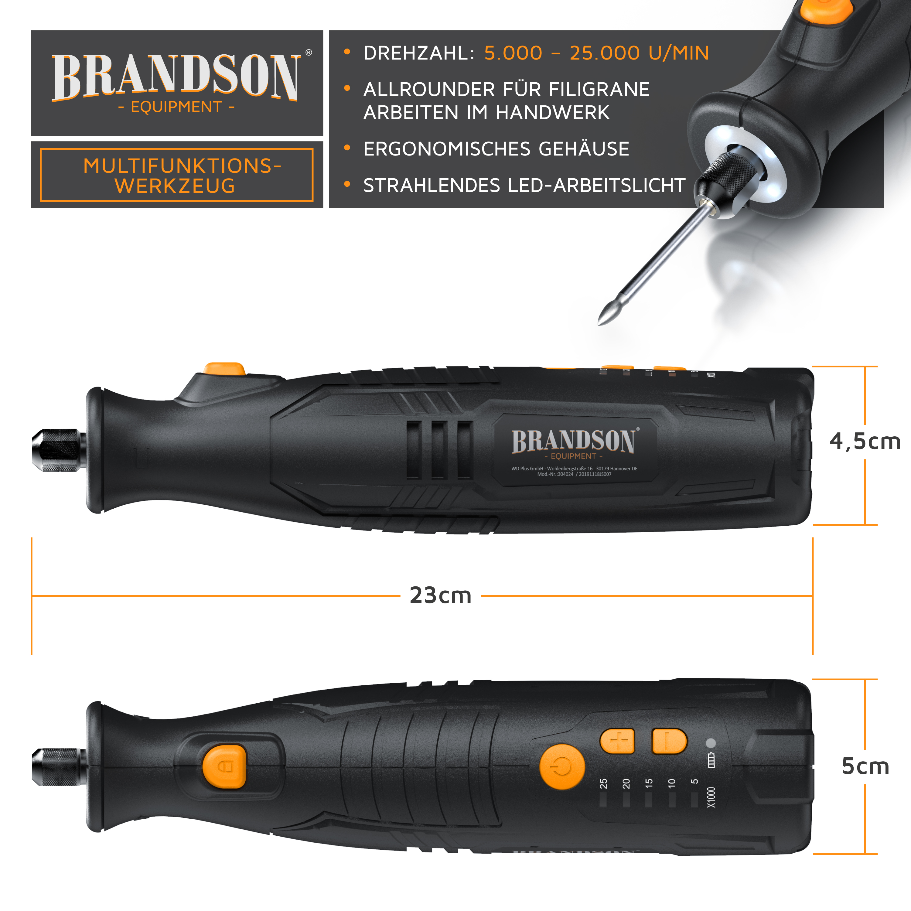 Brandson Multifunktionswerkzeug mit ergonomischem Gehäuse, LED-Arbeitslicht und verschiedenen Bedienelementen in Schwarz und Orange.