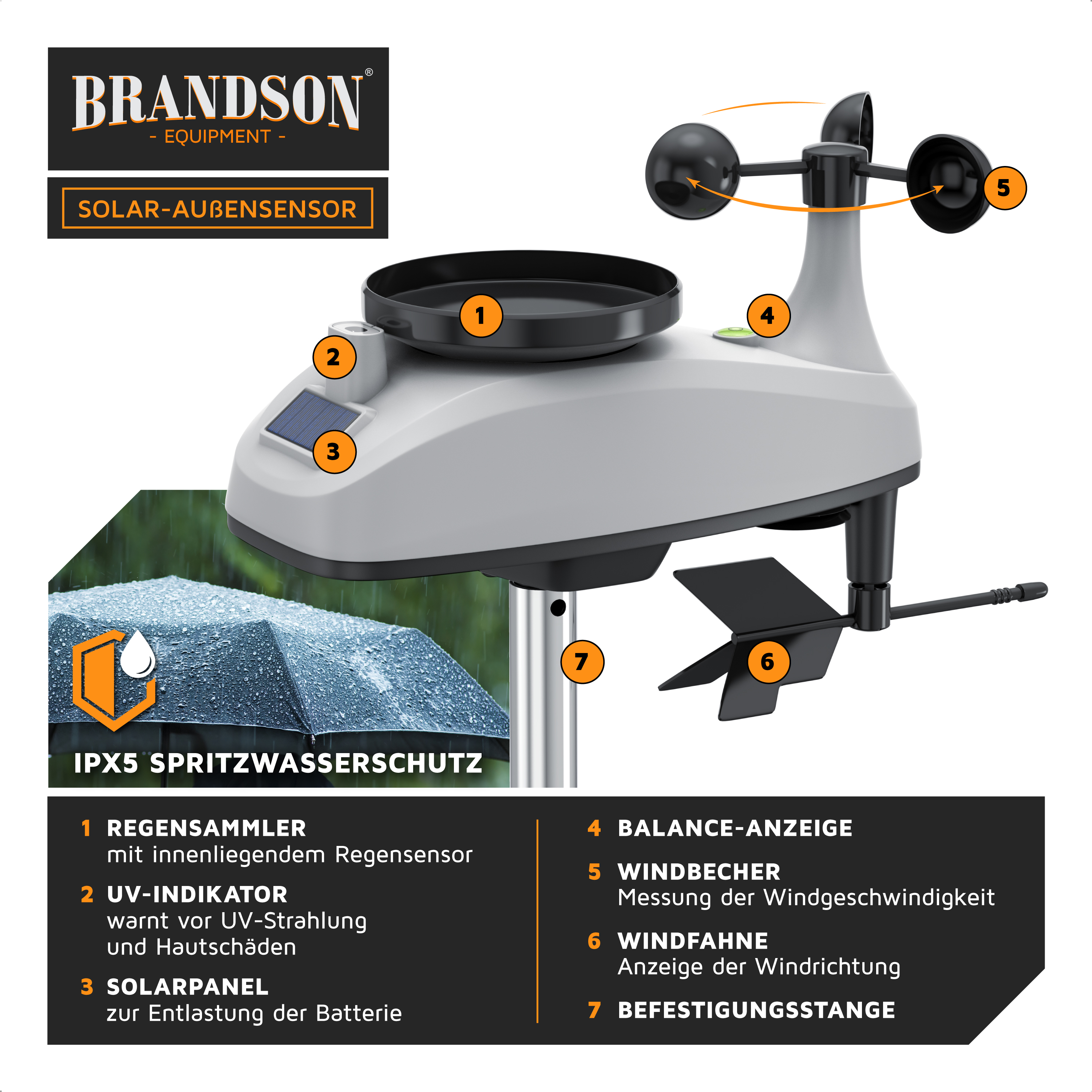 Solar-Außensensor von Brandson mit Regenkollektor, UV-Anzeige, Solarpanel und Windmesser auf einer stabilen Montagestange.