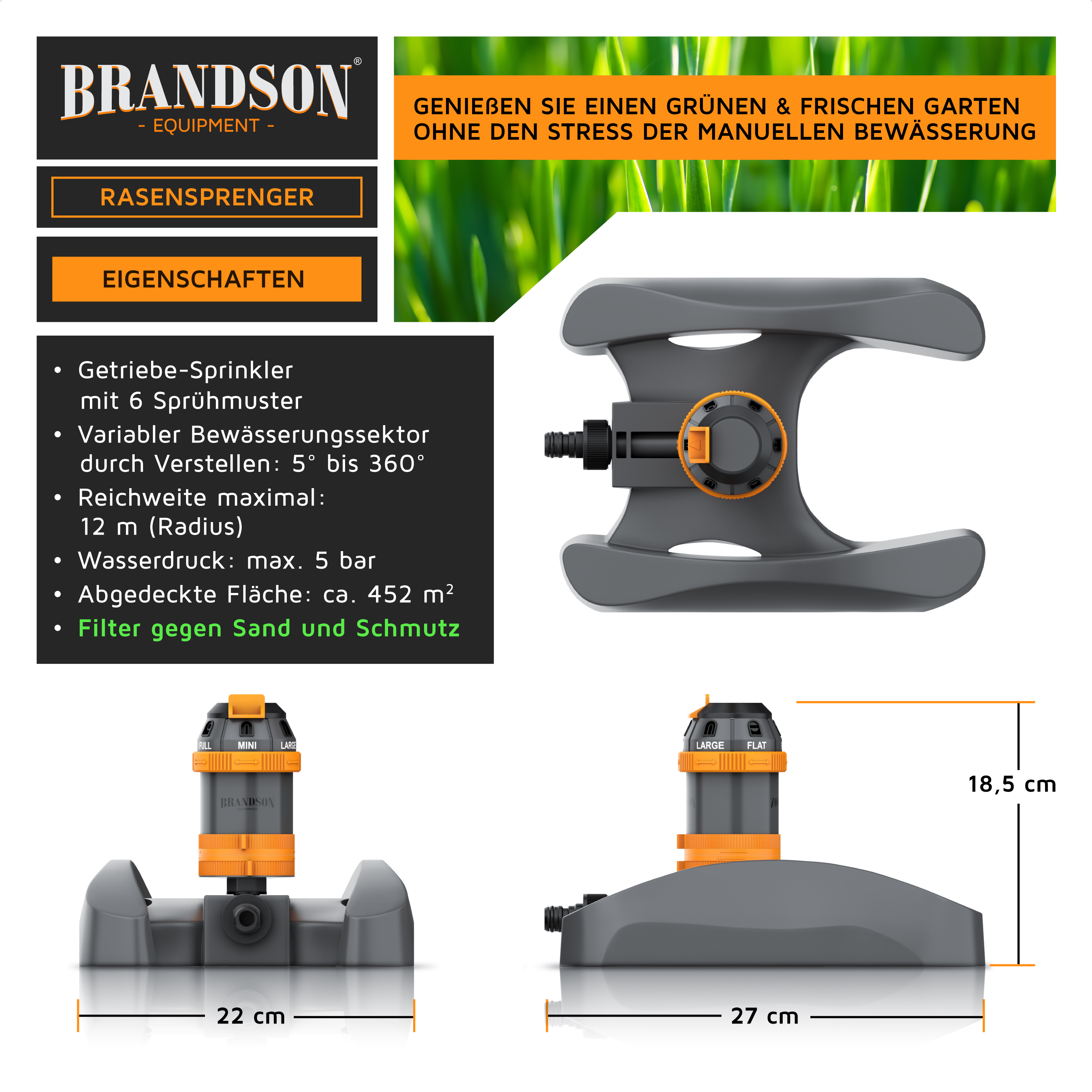 Brandson Rasensprenger mit variablen Bewässerungssektoren, grauem Gehäuse und orangefarbenen Akzenten, geeignet für bis zu 452 m².