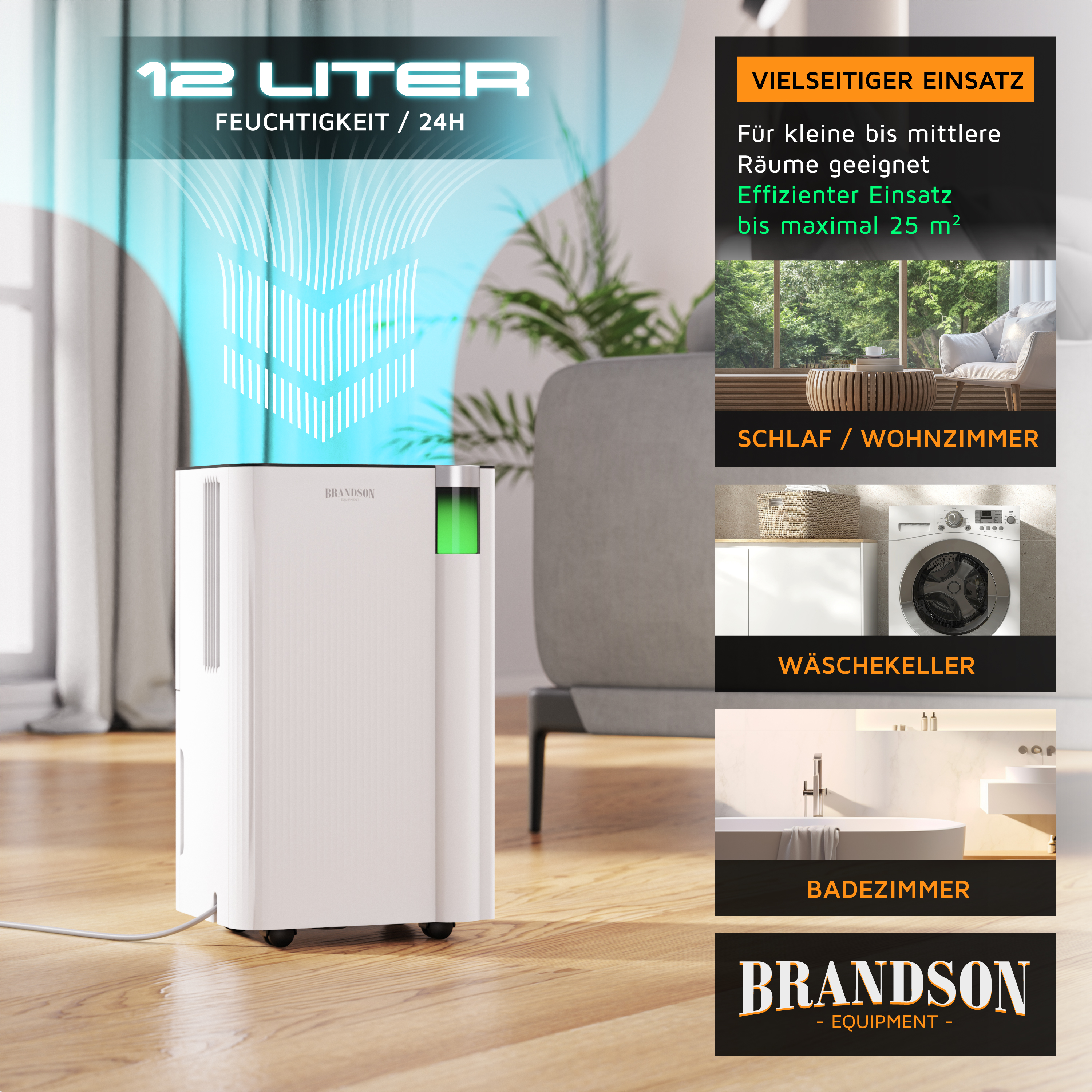 Brandson Luftentfeuchter in Weiß mit grünem Display, geeignet für kleine bis mittlere Räume bis 25 m², auf einem Holzfußboden platziert.