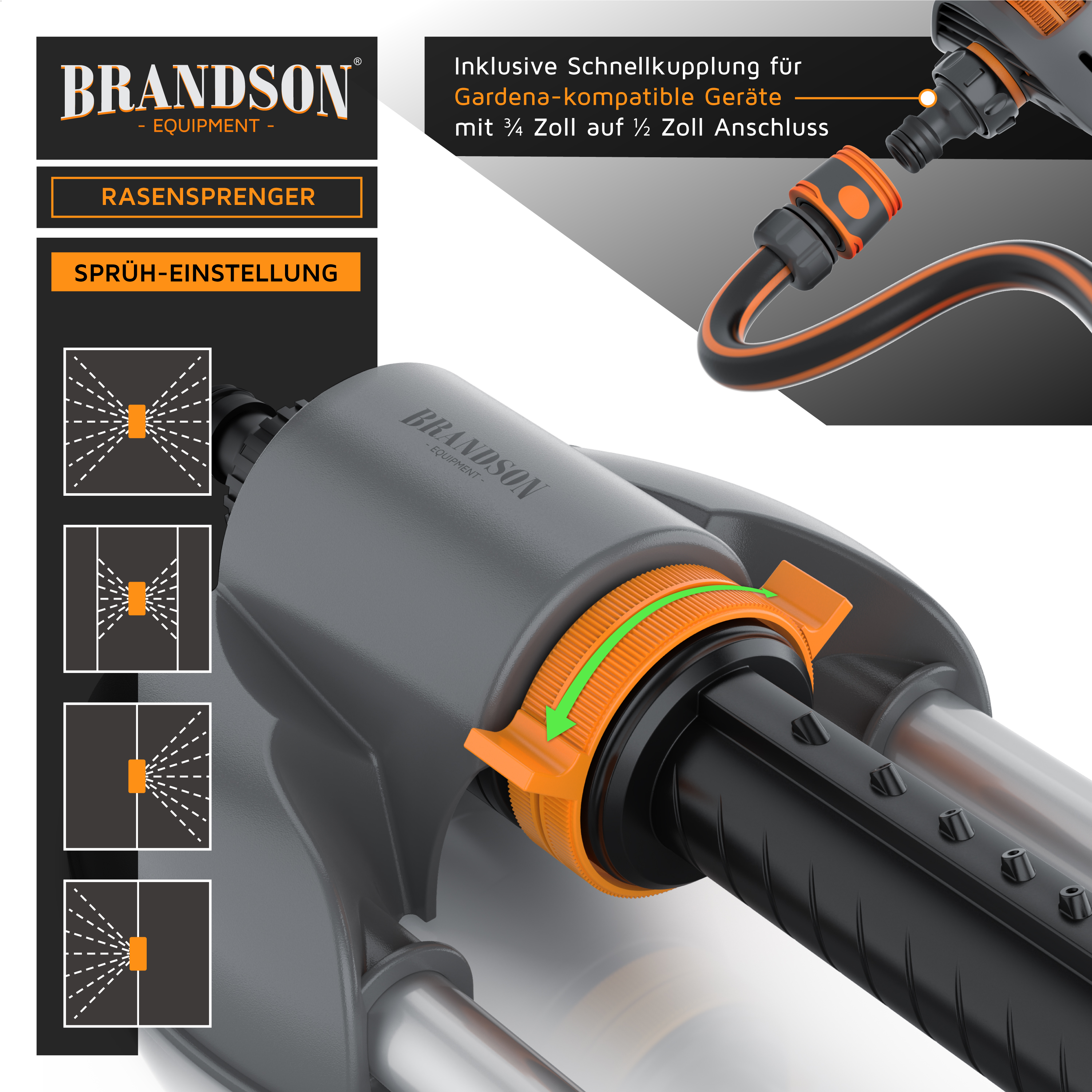 Brandson Rasensprenger mit Schnellkupplung für Gardena-kompatible Geräte, graues Gehäuse und orangefarbene Einstellknöpfe.
