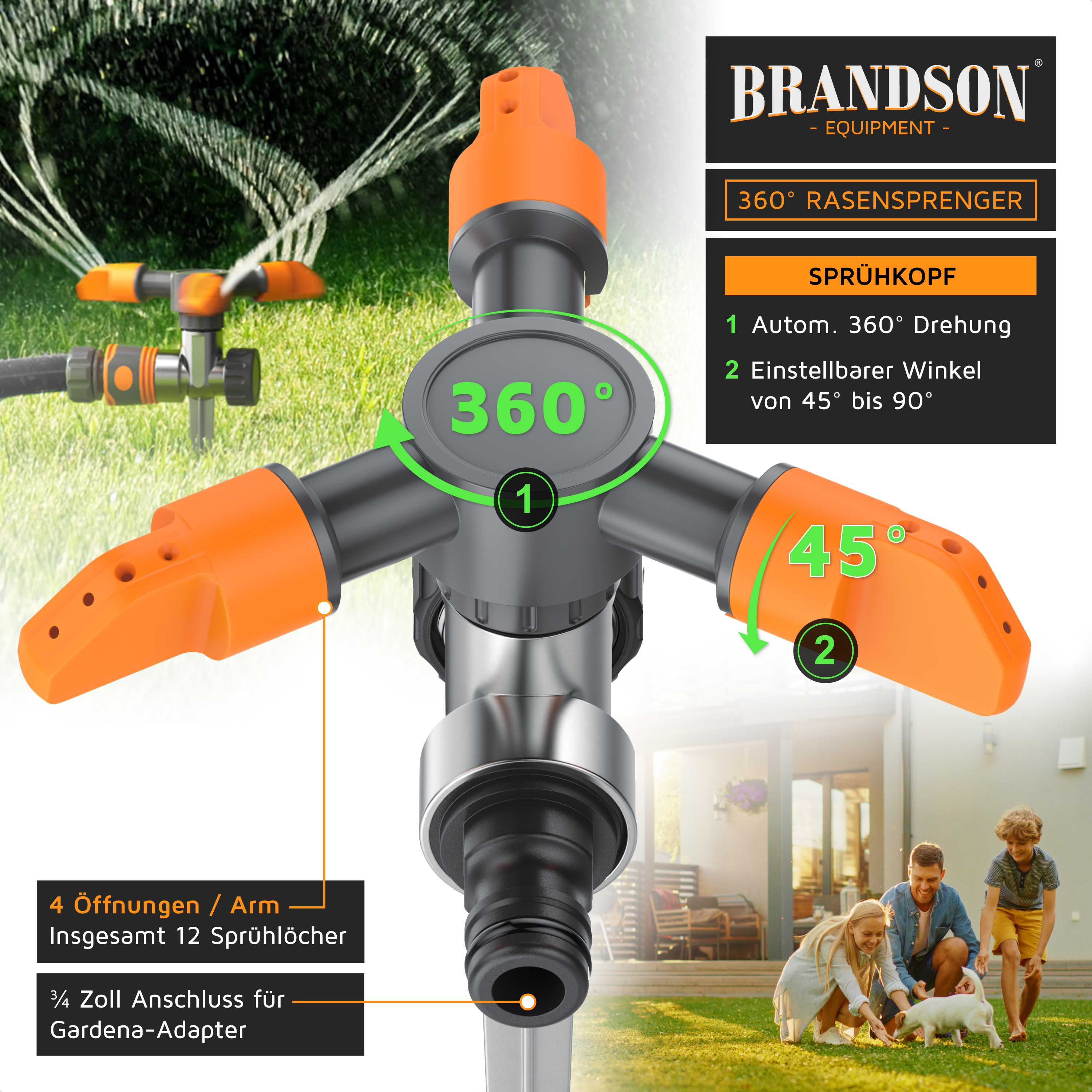 Brandson 360° Rasensprenger mit automatischer Drehung, einstellbarem Winkel und vier Öffnungen pro Arm für präzises Bewässern.