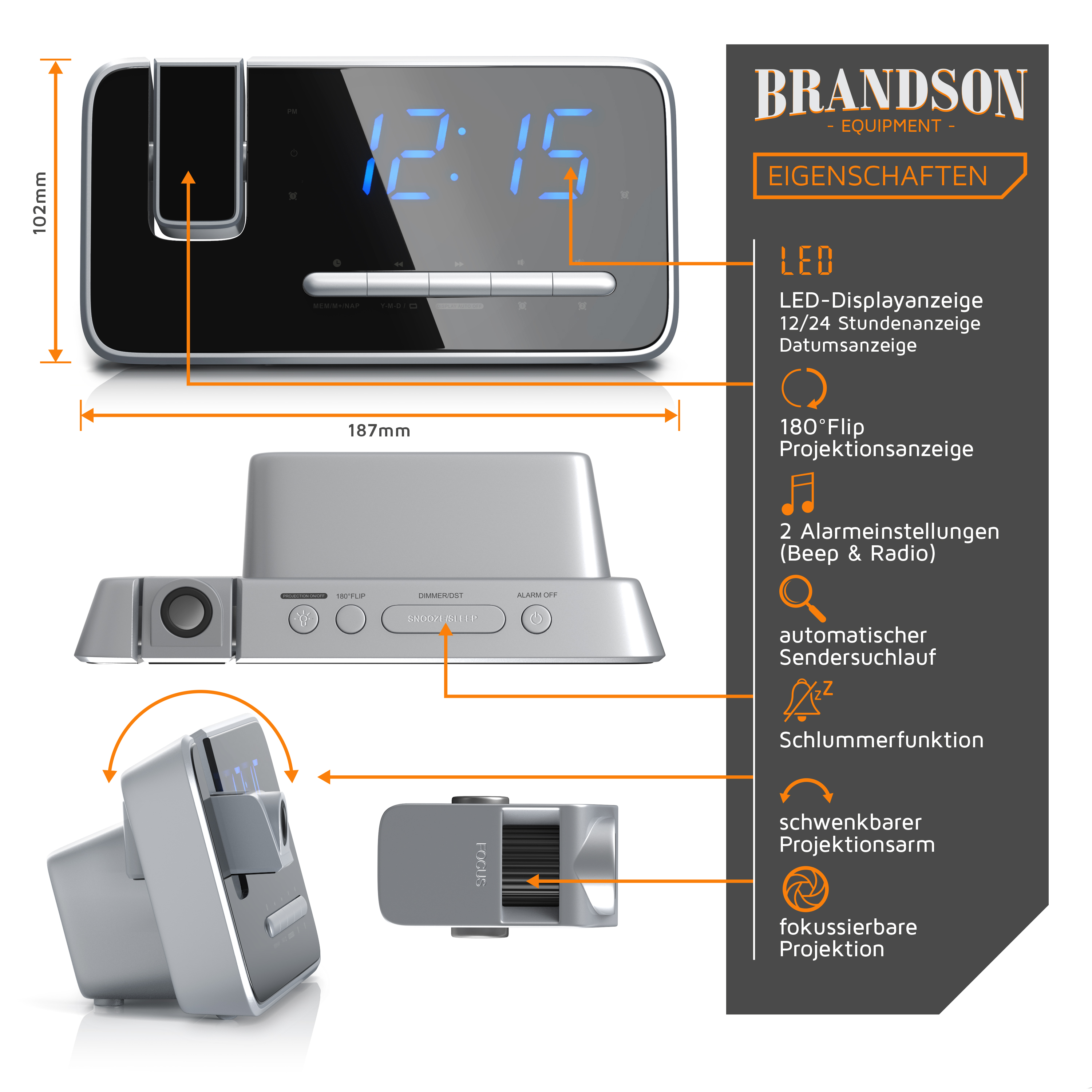LED-Radiowecker von Brandson im eleganten Schwarz-Silber-Design mit Digitalanzeige, Alarmeinstellungen und Projektionsarm.
