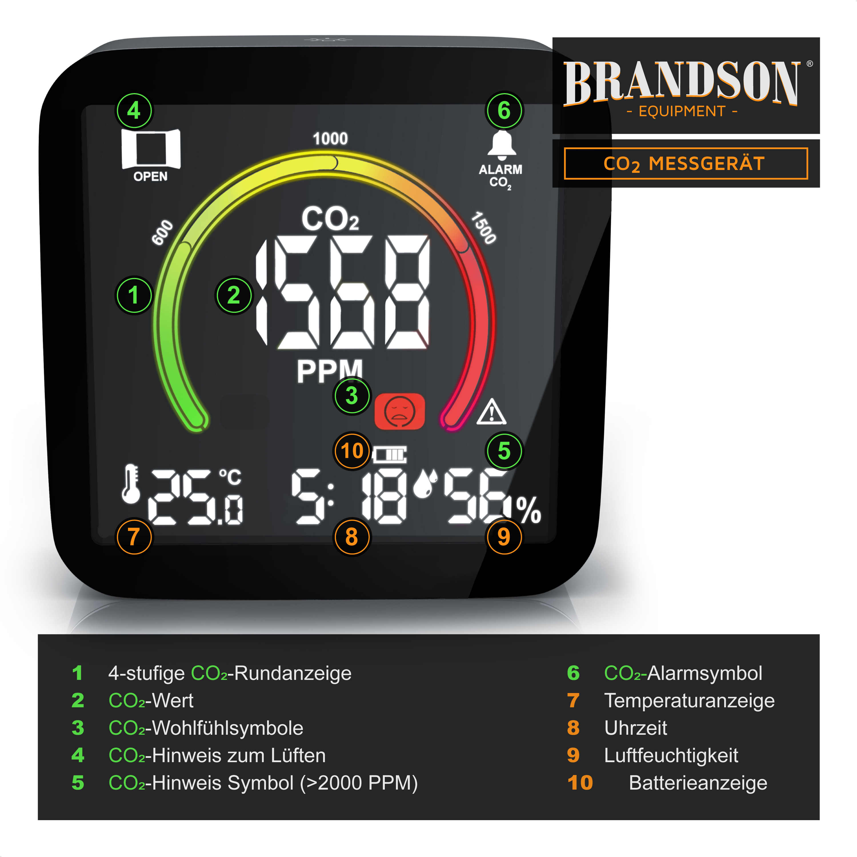 Brandson CO2-Messgerät mit digitalem Display zur Anzeige von CO2-Werten, Temperatur, Luftfeuchtigkeit und Zeitanzeigen.