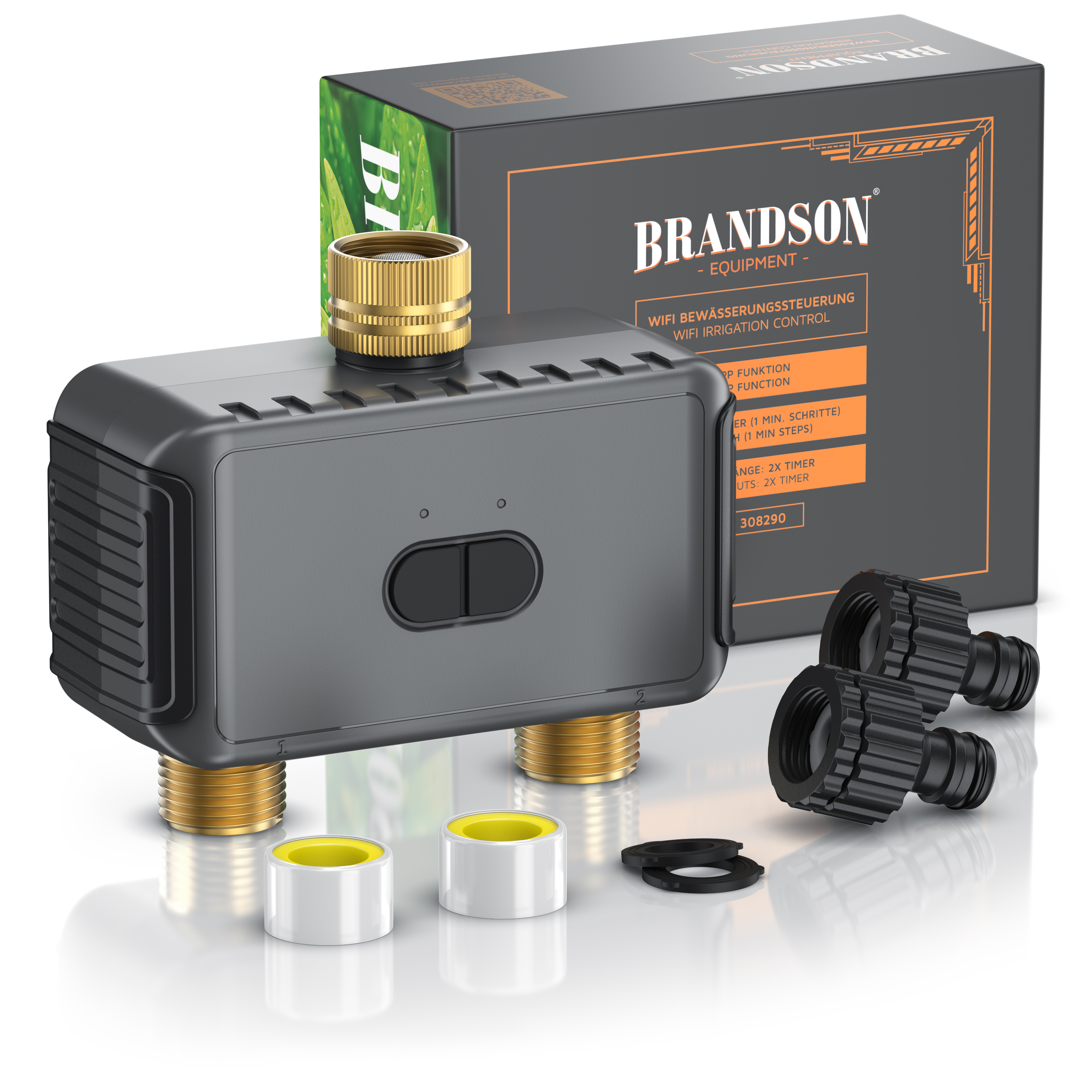 Brandson WiFi-Bewässerungscontroller in Grau mit goldenen Anschlüssen, inklusive Zubehör und Verpackung.