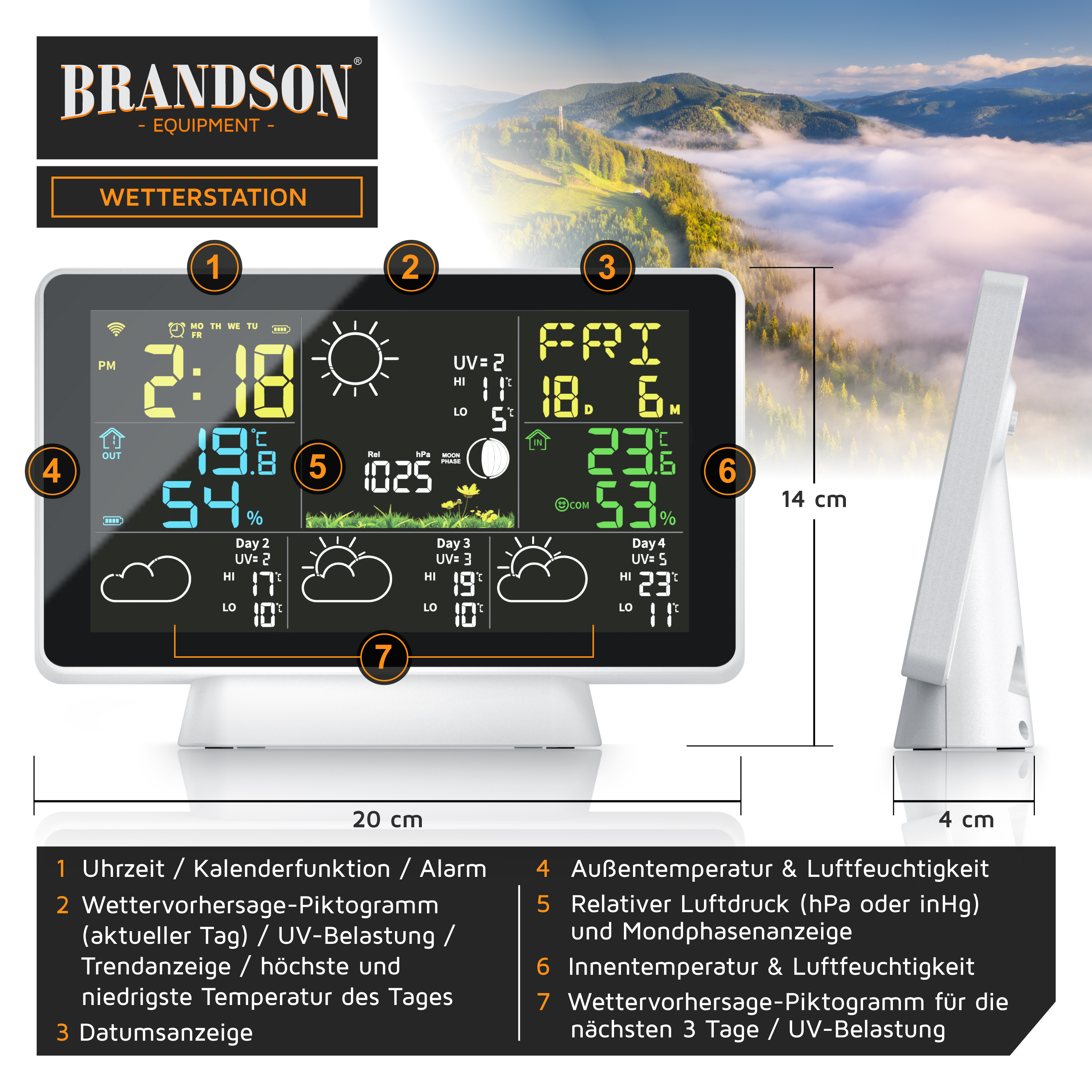 Brandson Wetterstation mit großem Display, zeigt Uhrzeit, Wettervorhersage, Temperatur und Luftfeuchtigkeit in verschiedenen Farben an.