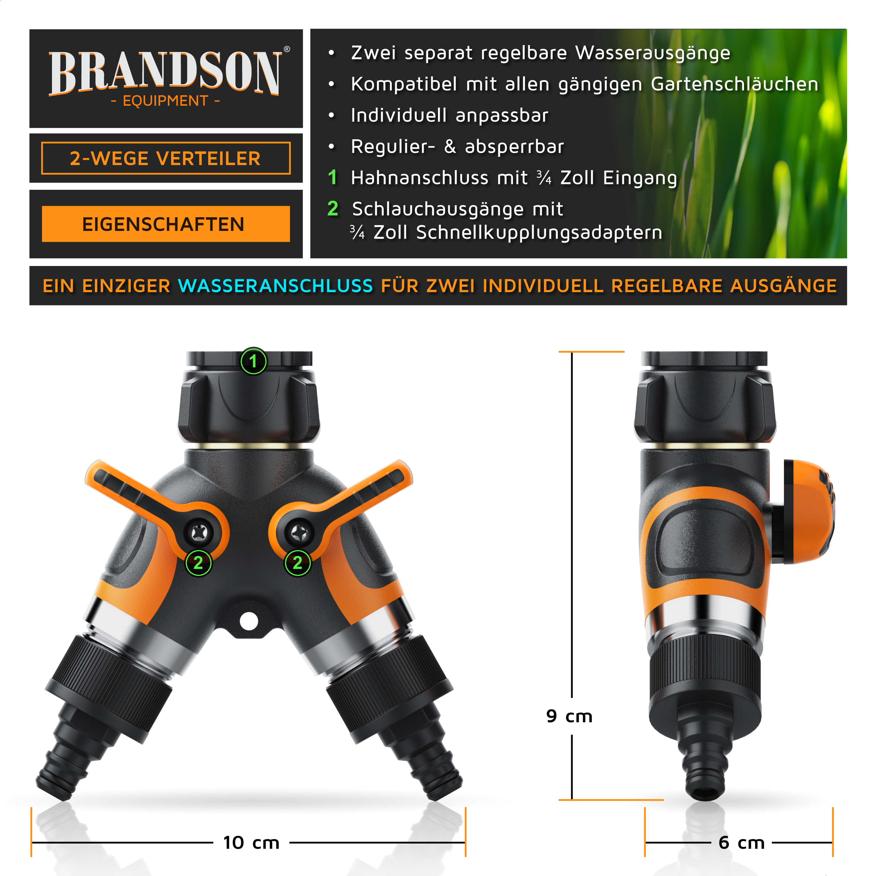 Brandson 2-Wege-Verteiler mit zwei verstellbaren Ausgängen, kompatibel mit Standard-Gartenschläuchen, im schwarz-orangen Design.