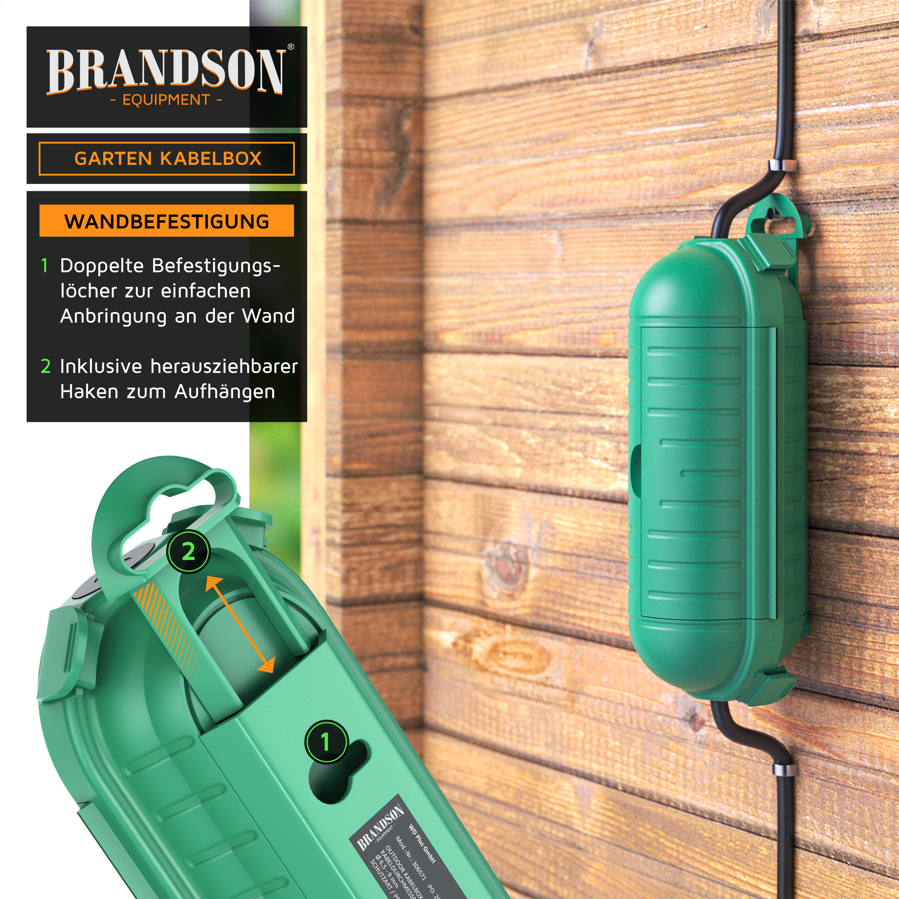 Brandson Garten Kabelbox in grün mit Wandbefestigung und herausziehbarem Haken, ideal für die Aufbewahrung von Kabeln.