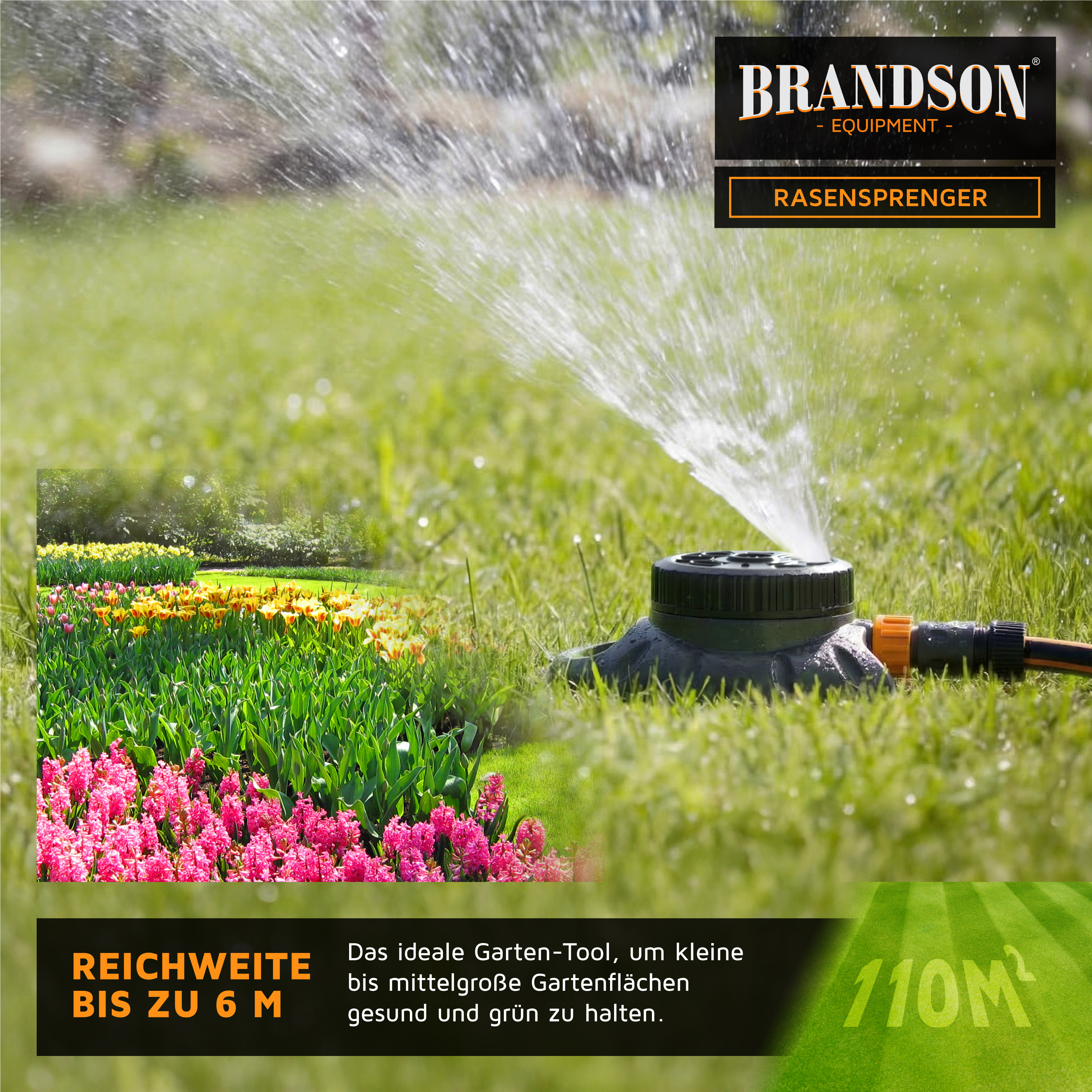 Brandson Rasensprenger mit drehbarem Sprühkopf, schwarzem Gehäuse und Anschluss für Gartenschlauch, ideal für die Bewässerung von Gärten.