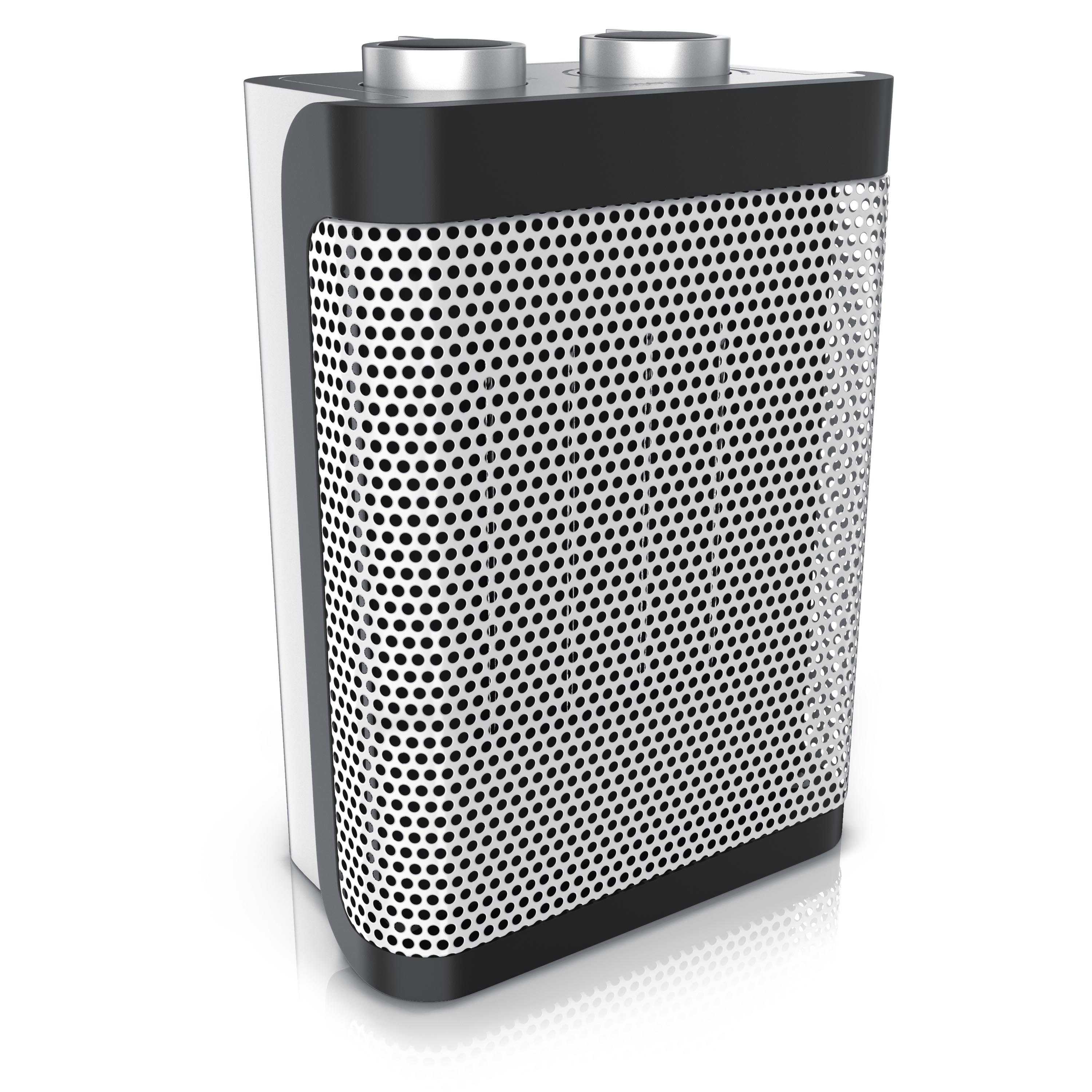 Brandson Heizlüfter in kompaktem Design mit perforierter Metalloberfläche, schwarzem Sockel und zwei Bedienelementen oben.