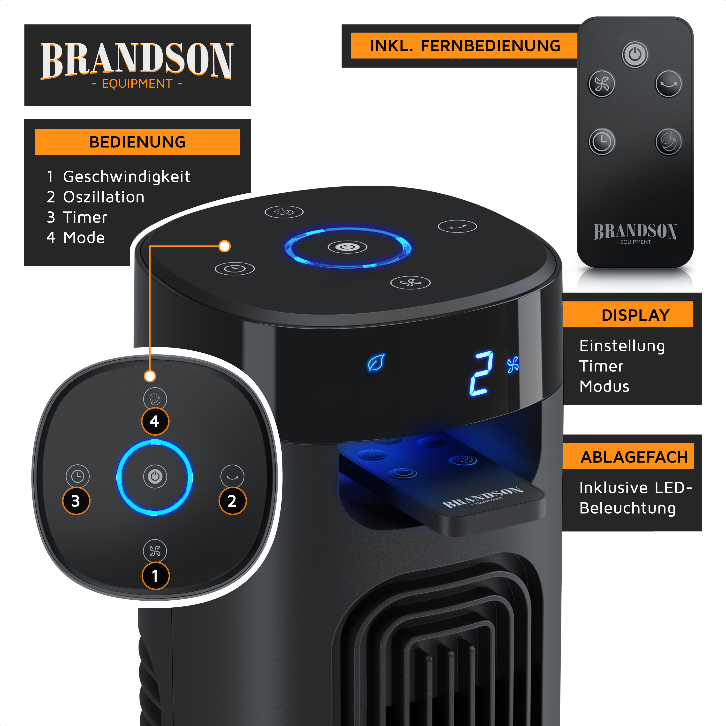 Brandson Turmventilator in Schwarz mit Bedienfeld, LED-Display und Fernbedienung, geeignet für die Nutzung in Wohnräumen.