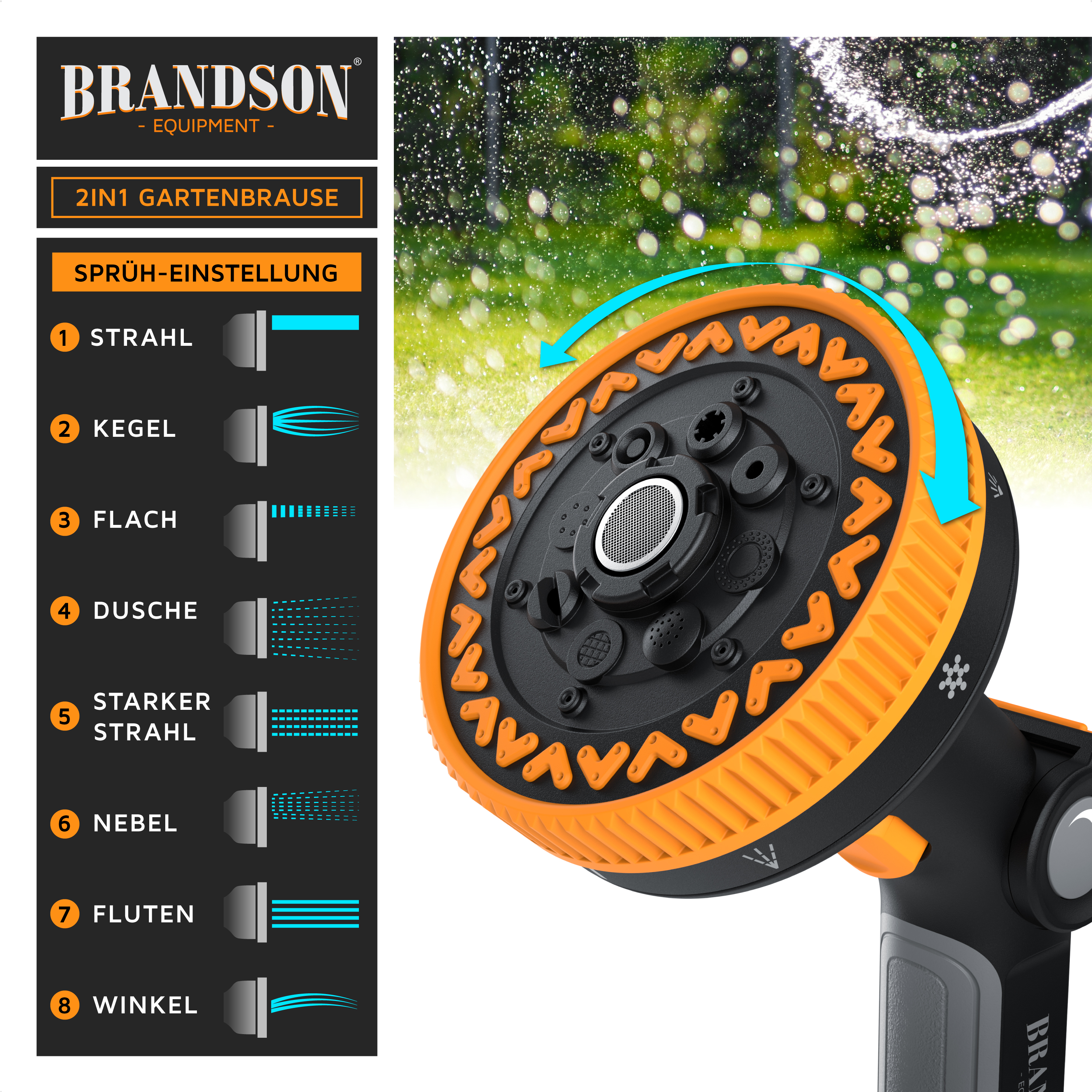 Brandson 2-in-1-Gartensprühdüse mit einstellbaren Einstellungen, schwarzem und orangefarbenem Design und benutzerfreundlichem Drehregler.