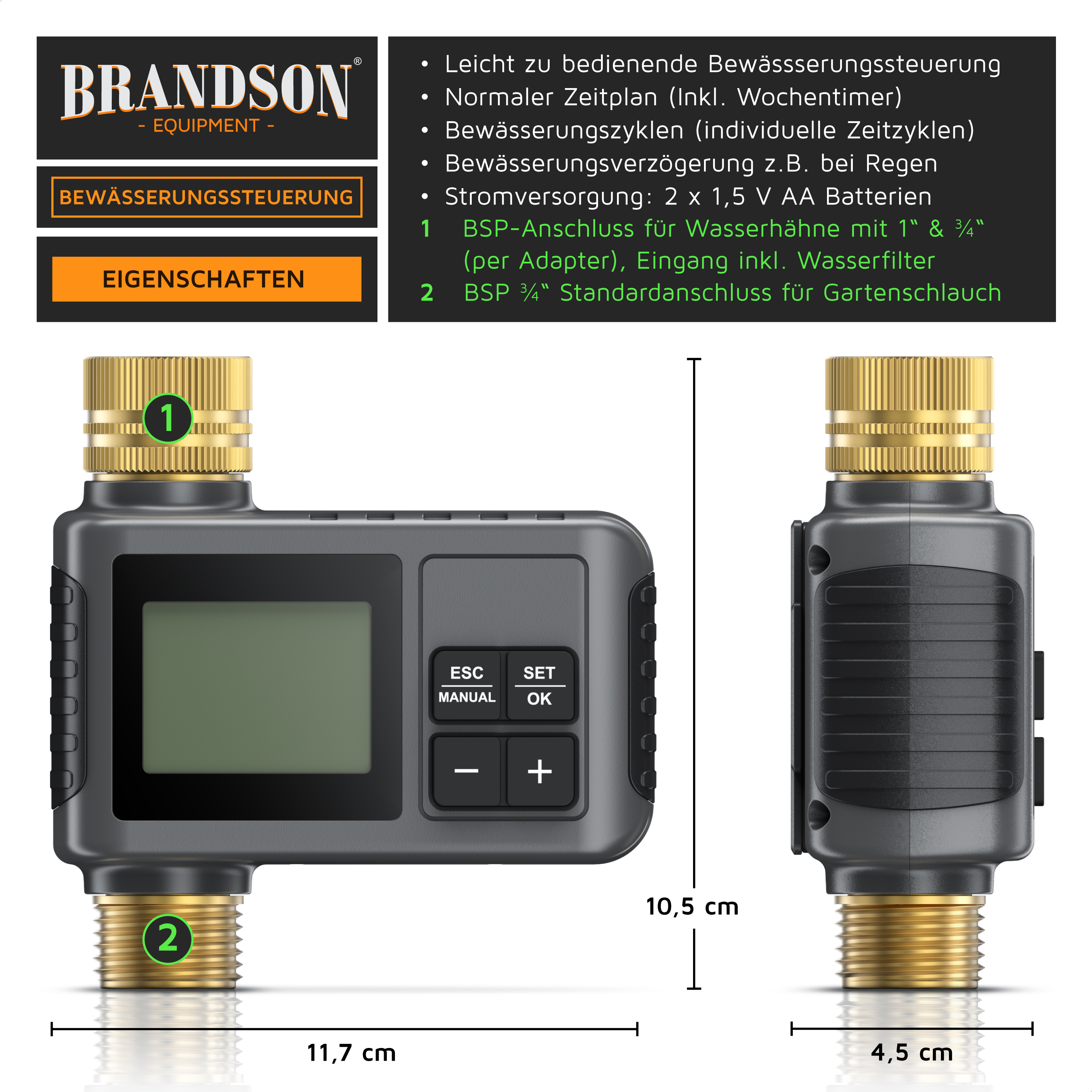 Brandson Bewässerungssteuerung mit digitalem Display, Bedienfeld und BSP-Anschluss für Wasserhähne, in grauer Farbe.
