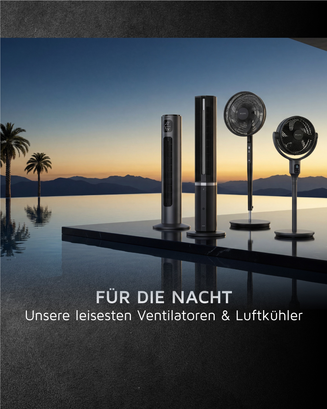 Brandson Turmventilator in elegantem Schwarz, mit schlanker Bauform und digitalem Display, platziert am Pool mit Bergblick.