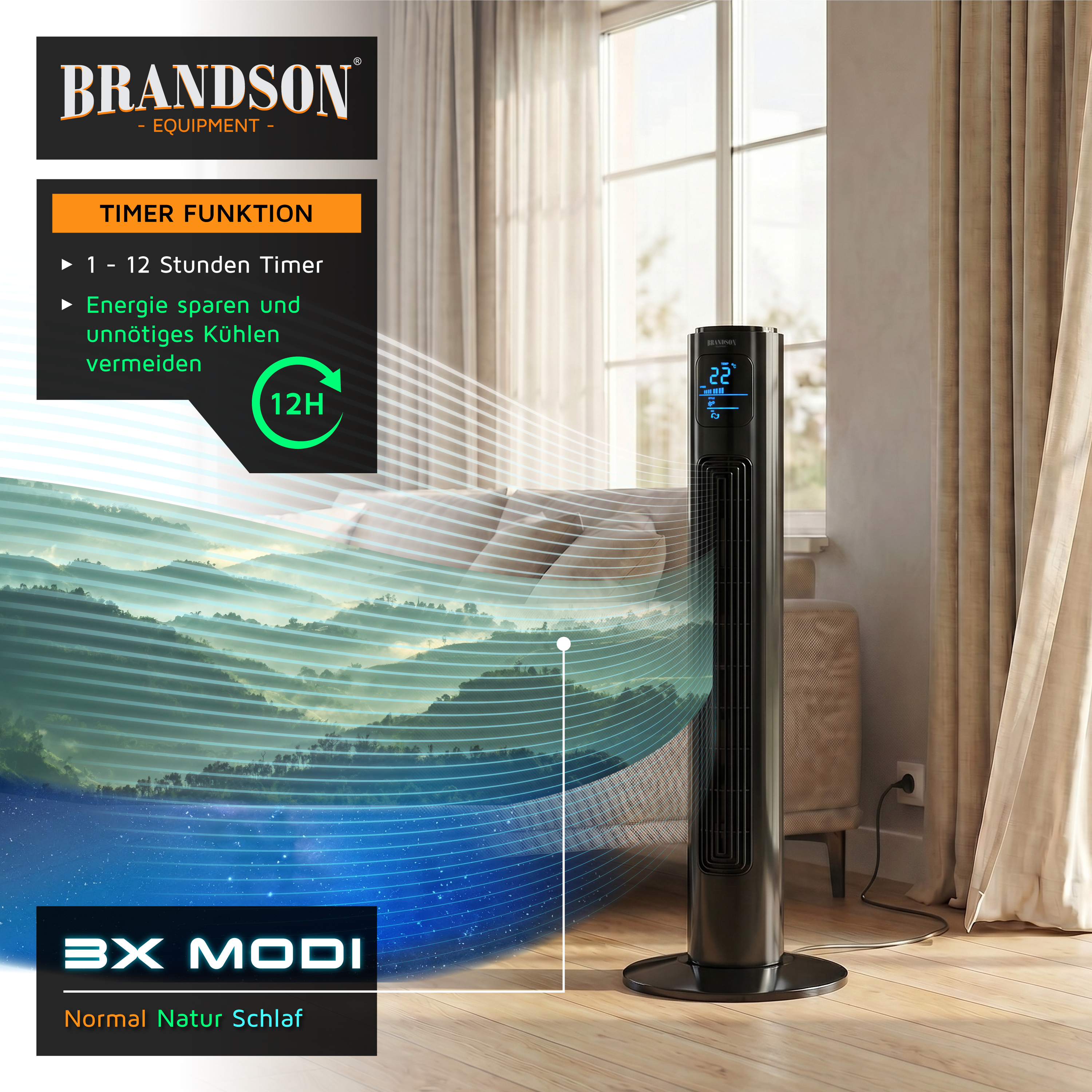 Brandson-Turmventilator mit elegantem schwarzem Design, Digitalanzeige und Timer-Funktion, platziert in einem hellen Wohnzimmer.