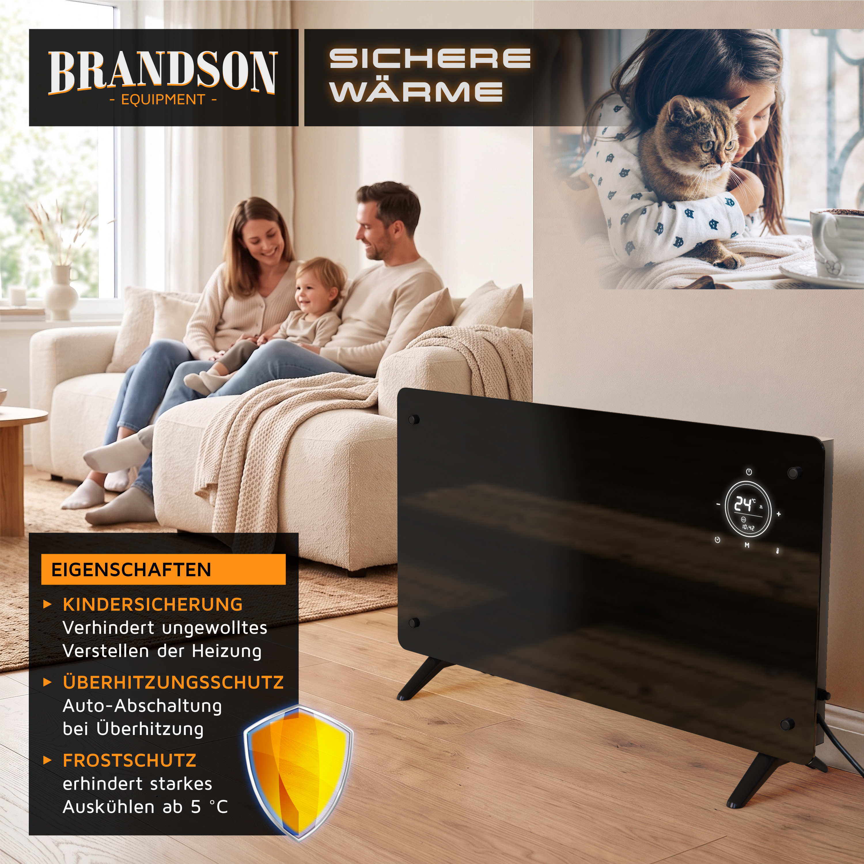 Brandson-Konvektionsheizgerät aus Glas in Schwarz mit Digitalanzeige, stehend auf einem Holzboden in einem gemütlichen Wohnzimmer mit einer Familie im Hintergrund.