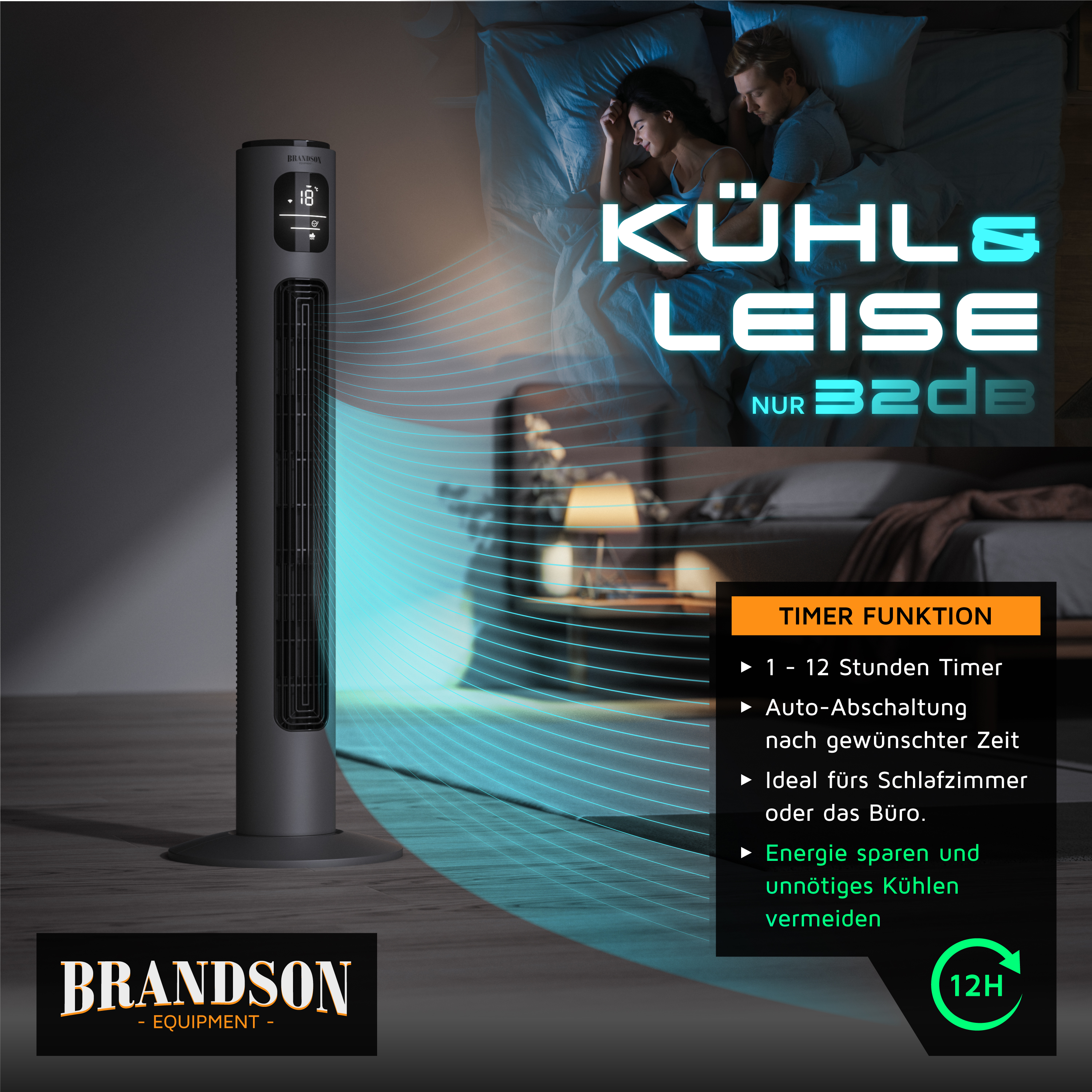 Brandson Turmventilator in Schwarz mit Digitalanzeige und Timerfunktion, ideal für Schlafzimmer oder Büros, sorgt für leise Kühlung.