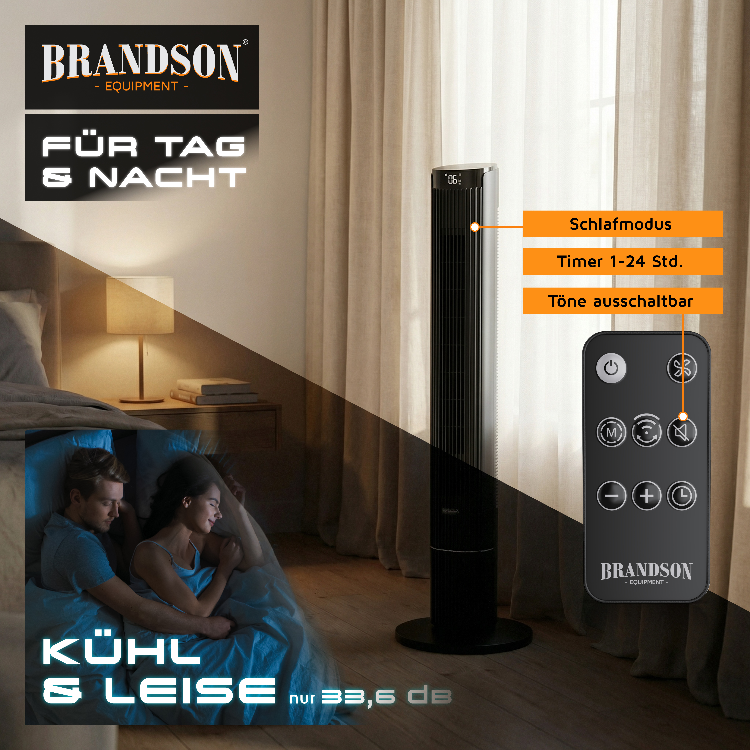 Brandson Turmventilator im schwarzen Design mit digitalem Display und Fernbedienung, ideal für den Einsatz im Schlafzimmer.