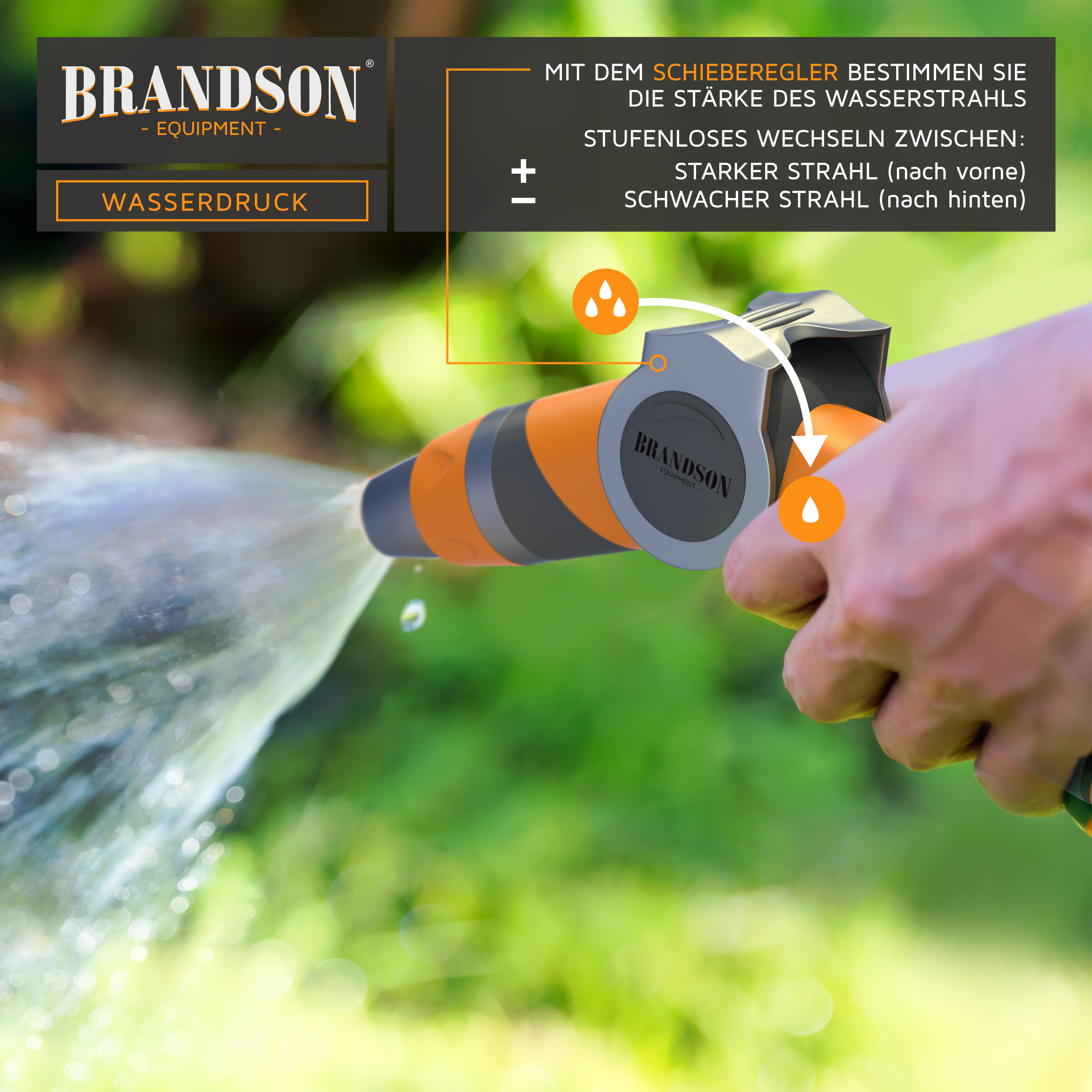 Brandson Wasserpistole mit Schieberegler zur Anpassung des Wasserstrahls, orange-graues Design, in der Hand gehalten.