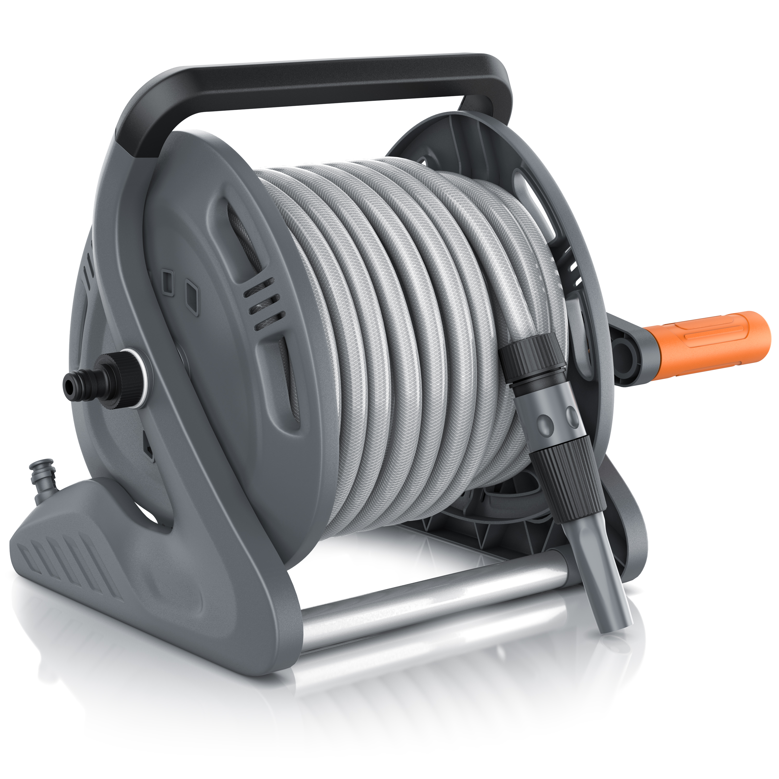 Brandson Schlauchaufroller in Grau mit einem stabilen Standfuß, Griff und einem orangefarbenen Spritzschutz, ideal für die Gartenbewässerung.