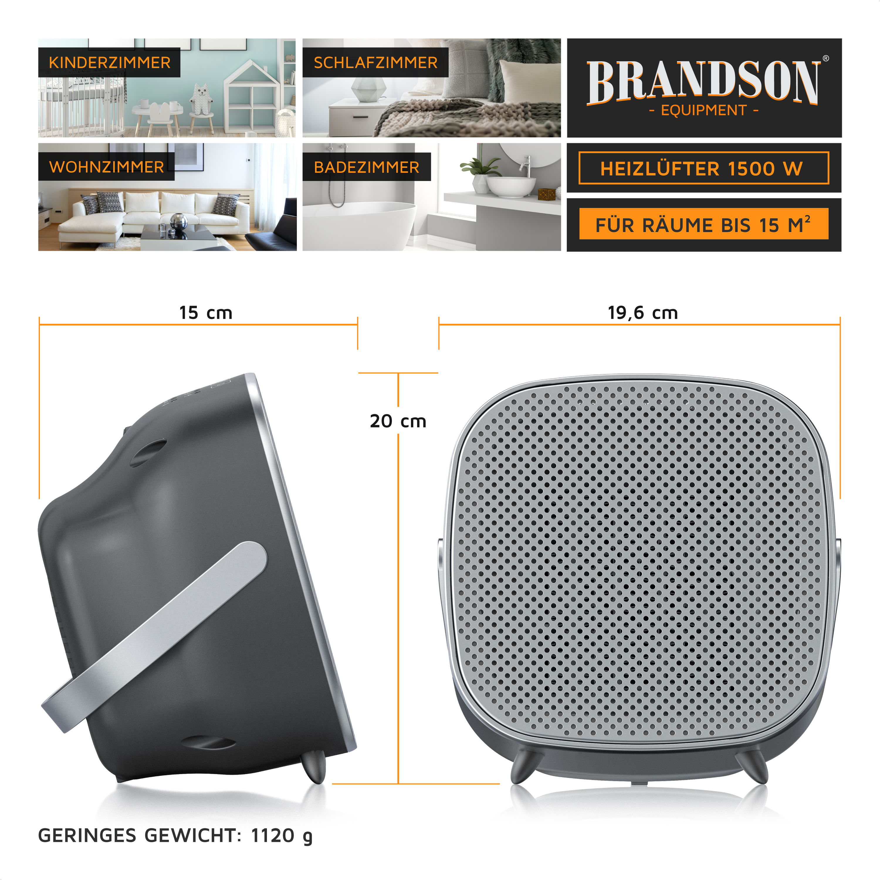 Brandson Heizlüfter in kompakter Bauform mit grauem Gehäuse, seitlichem Griff und perforierter Front für optimale Luftzirkulation.