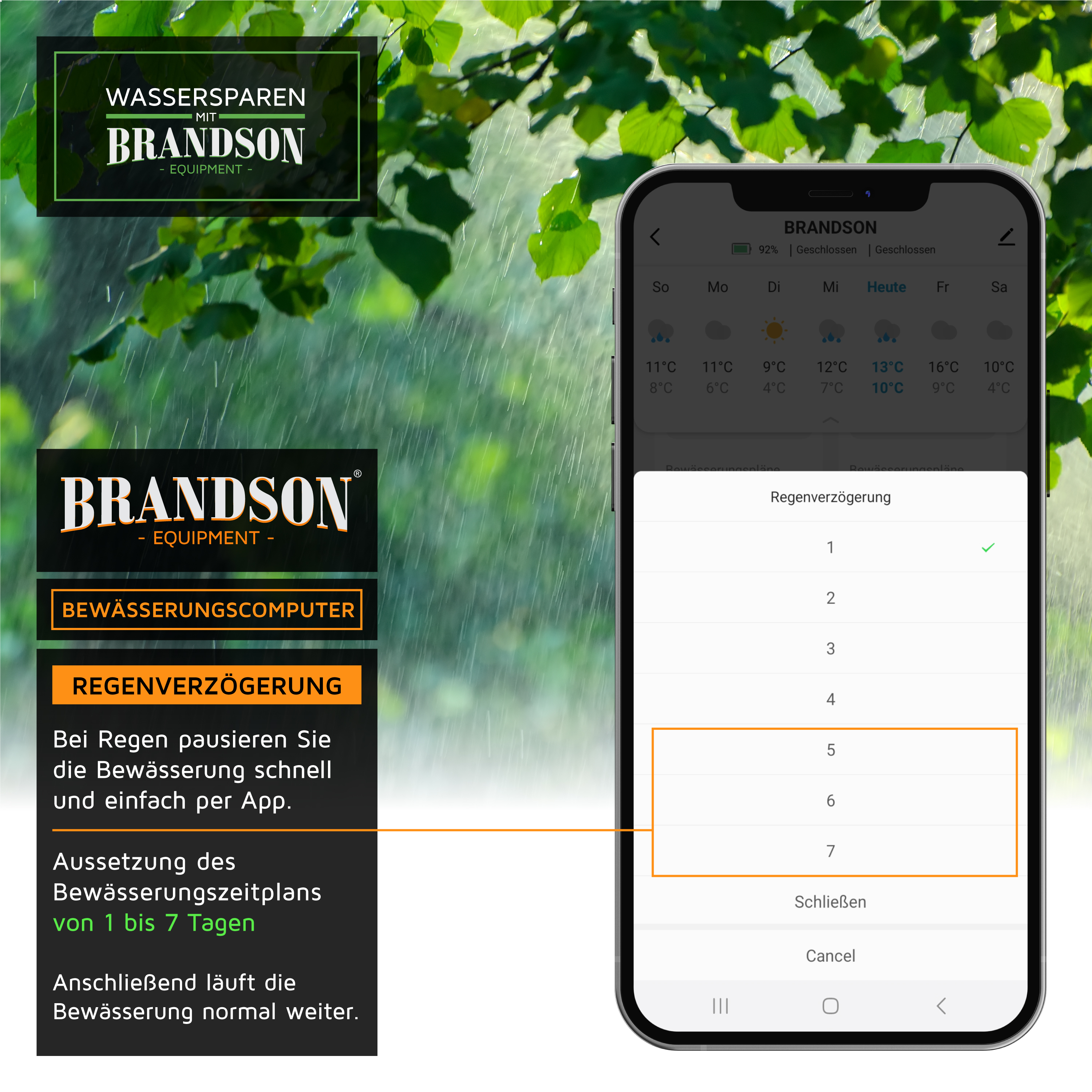 Brandson Bewässerungscomputer mit App-Steuerung zur Regenverzögerung, Anzeige von Wetterdaten und Auswahlmöglichkeiten auf dem Smartphone.