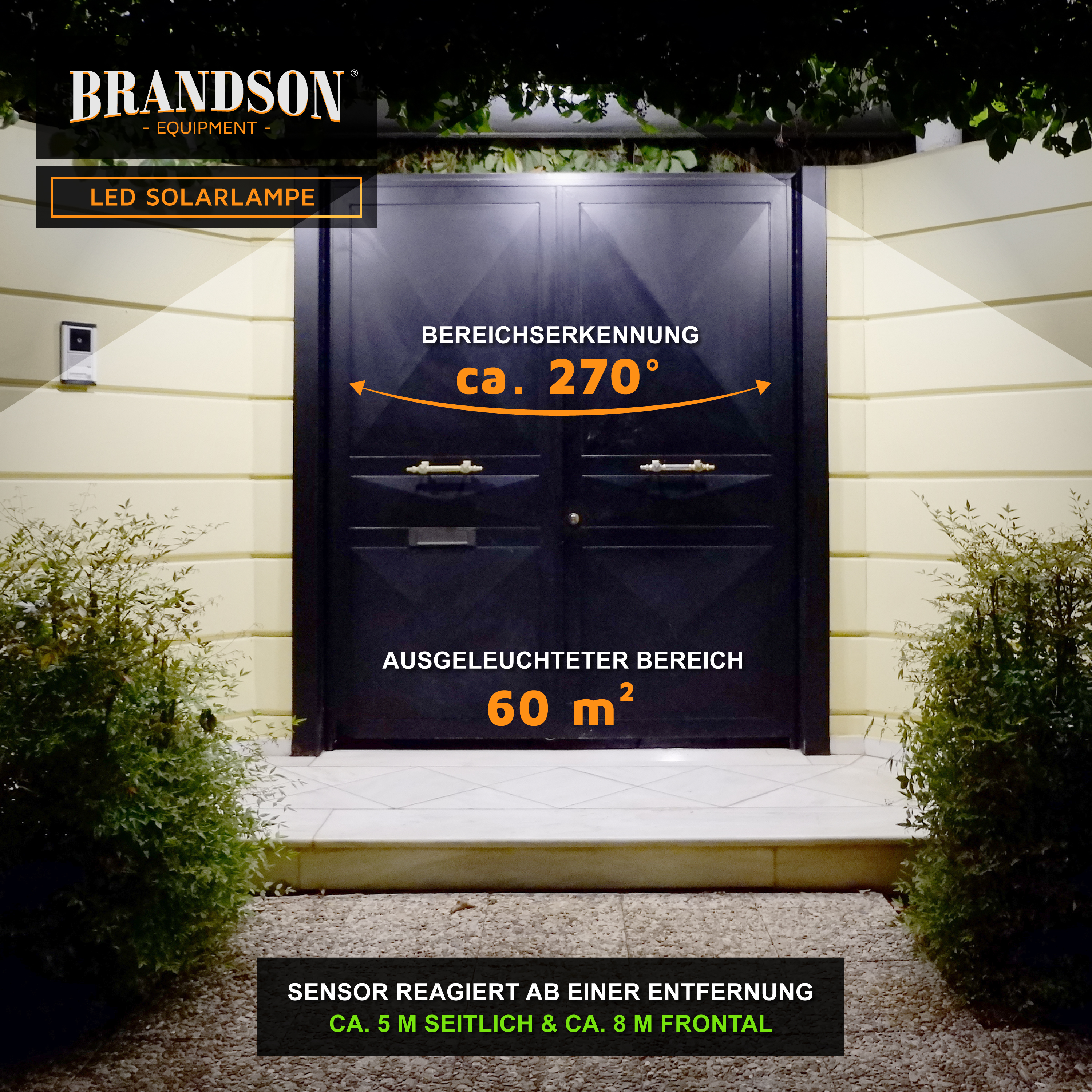 Brandson LED-Solarlampe mit großem Erfassungsbereich, montiert in der Nähe einer Tür, beleuchtet den Eingangsbereich.