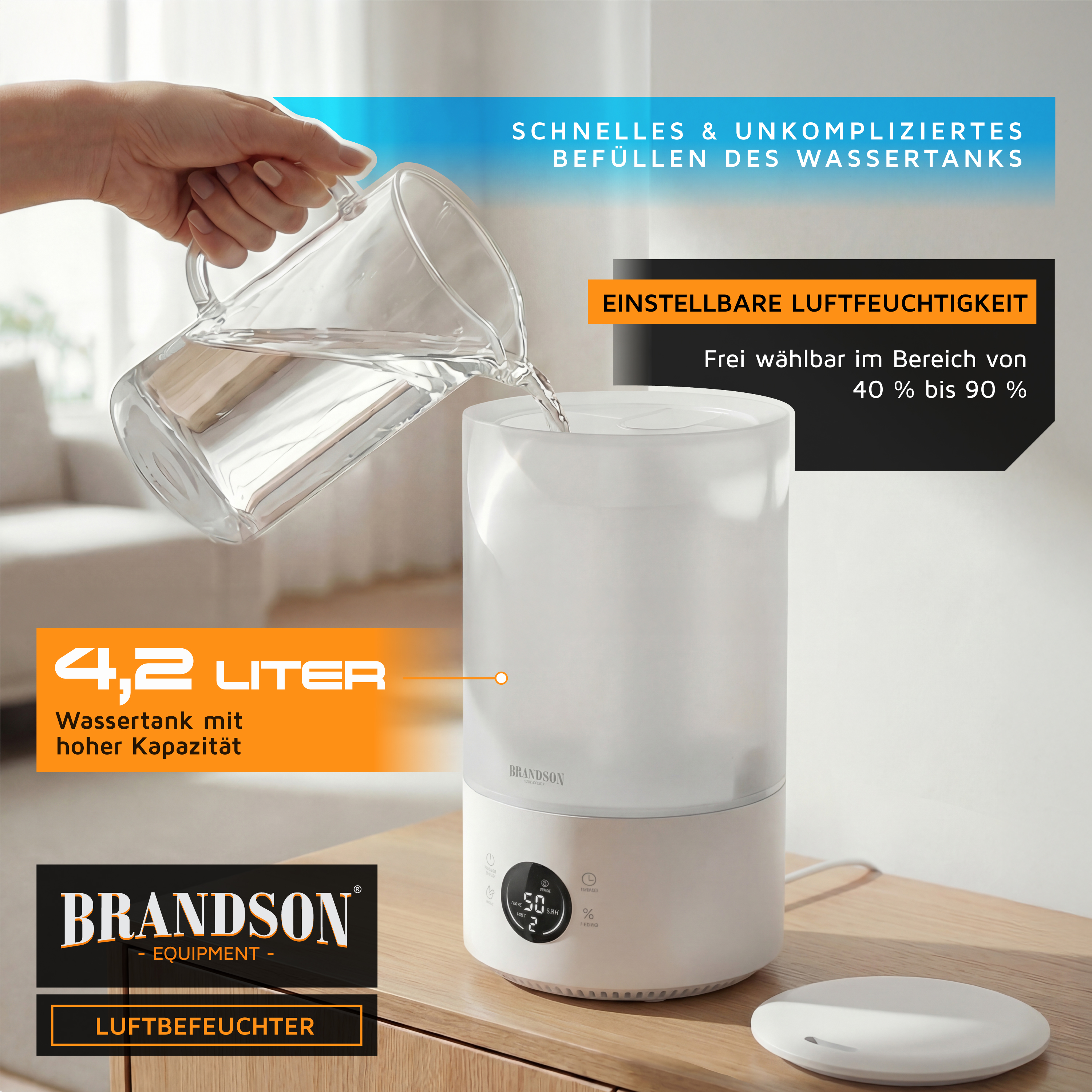 Brandson Luftbefeuchter mit transparentem Wassertank, digitalem Display und Bedienfeld, einfaches Befüllen mit Wasser.