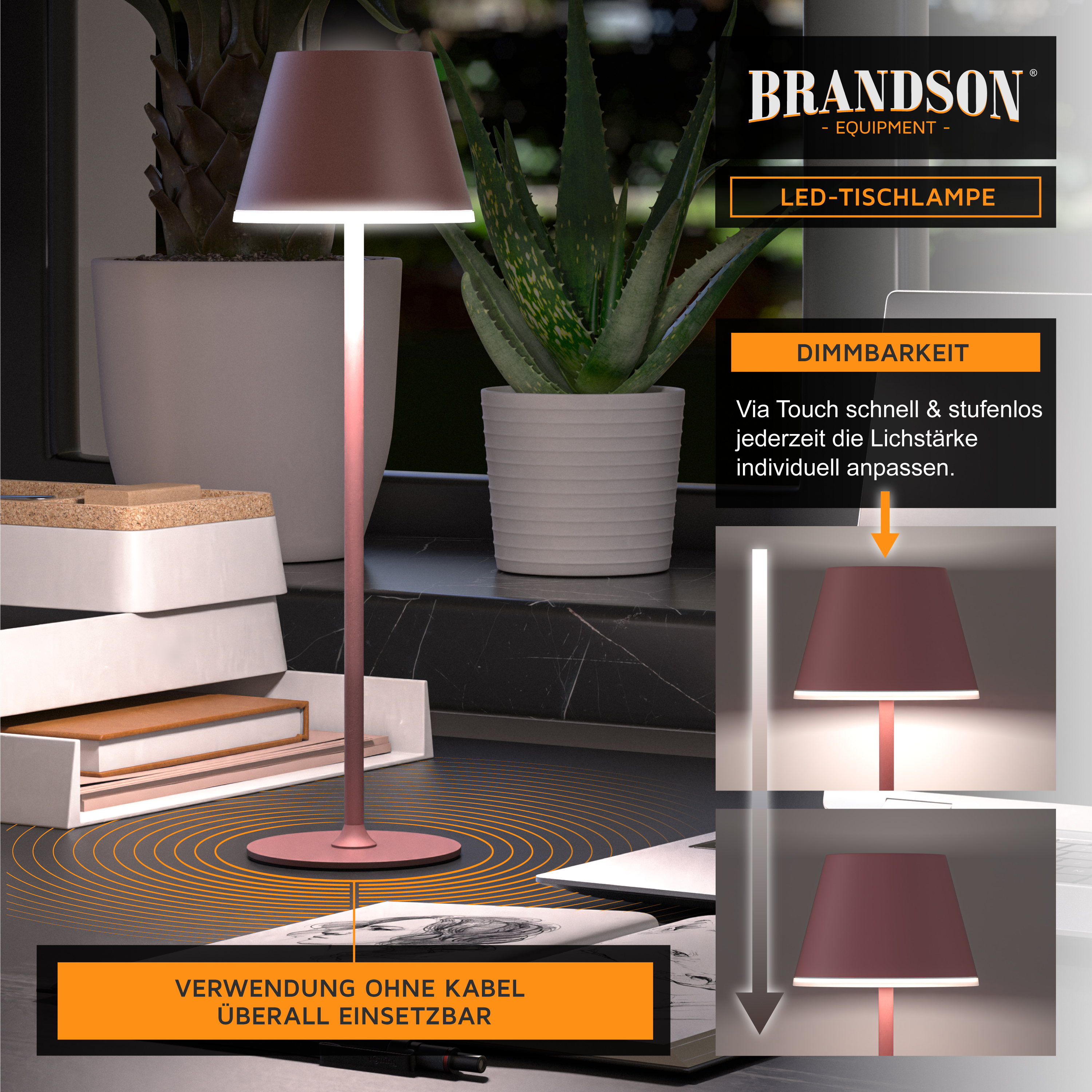 Brandson LED-Tischlampe mit kastanienbraunem Schirm und Touch-Dimmfunktion, platziert auf einem Tisch neben Topfpflanzen.