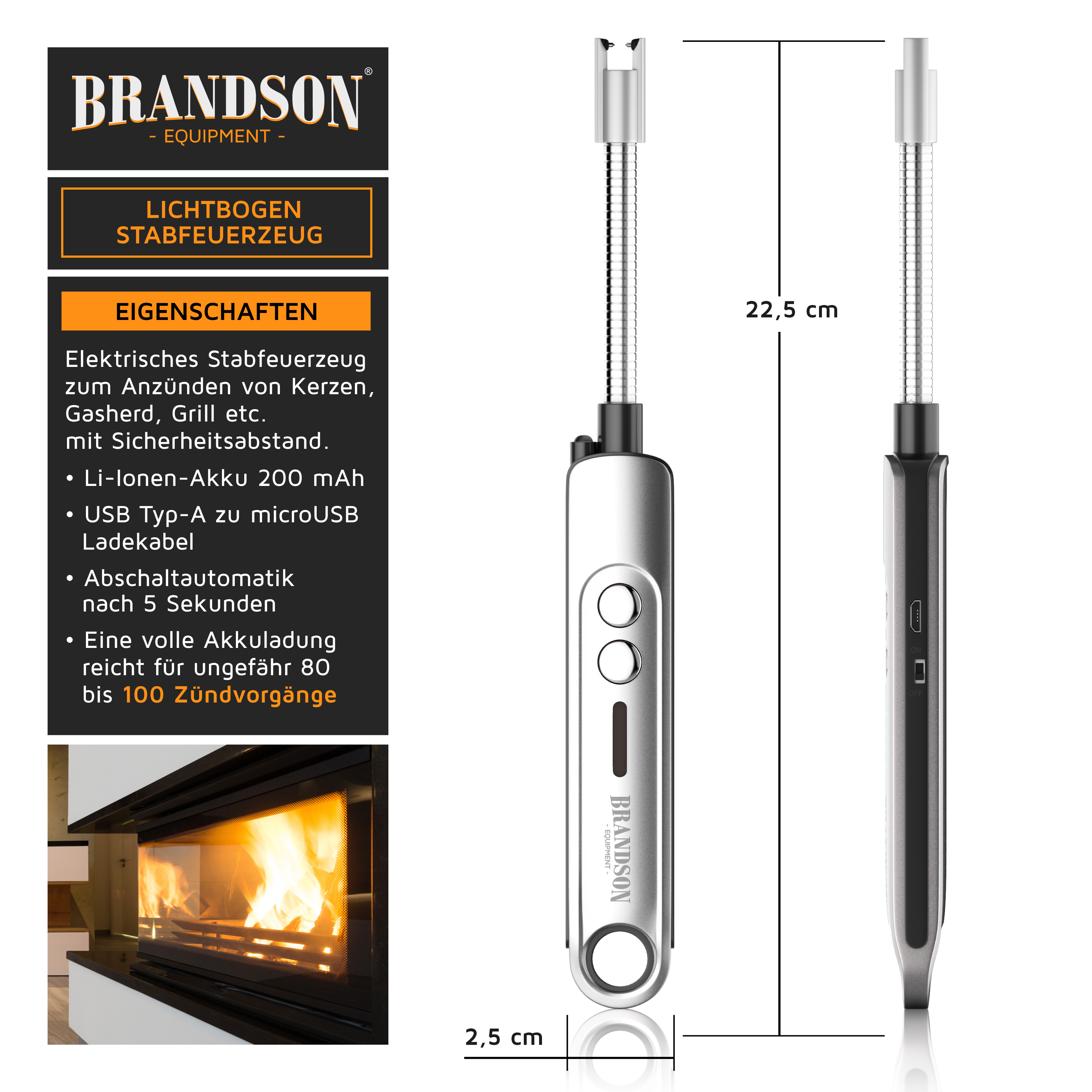 Brandson Lichtbogen-Stabfeuerzeug in Silber mit flexiblem Hals, USB-Ladeanschluss und zwei Bedientasten für sicheres Anzünden.