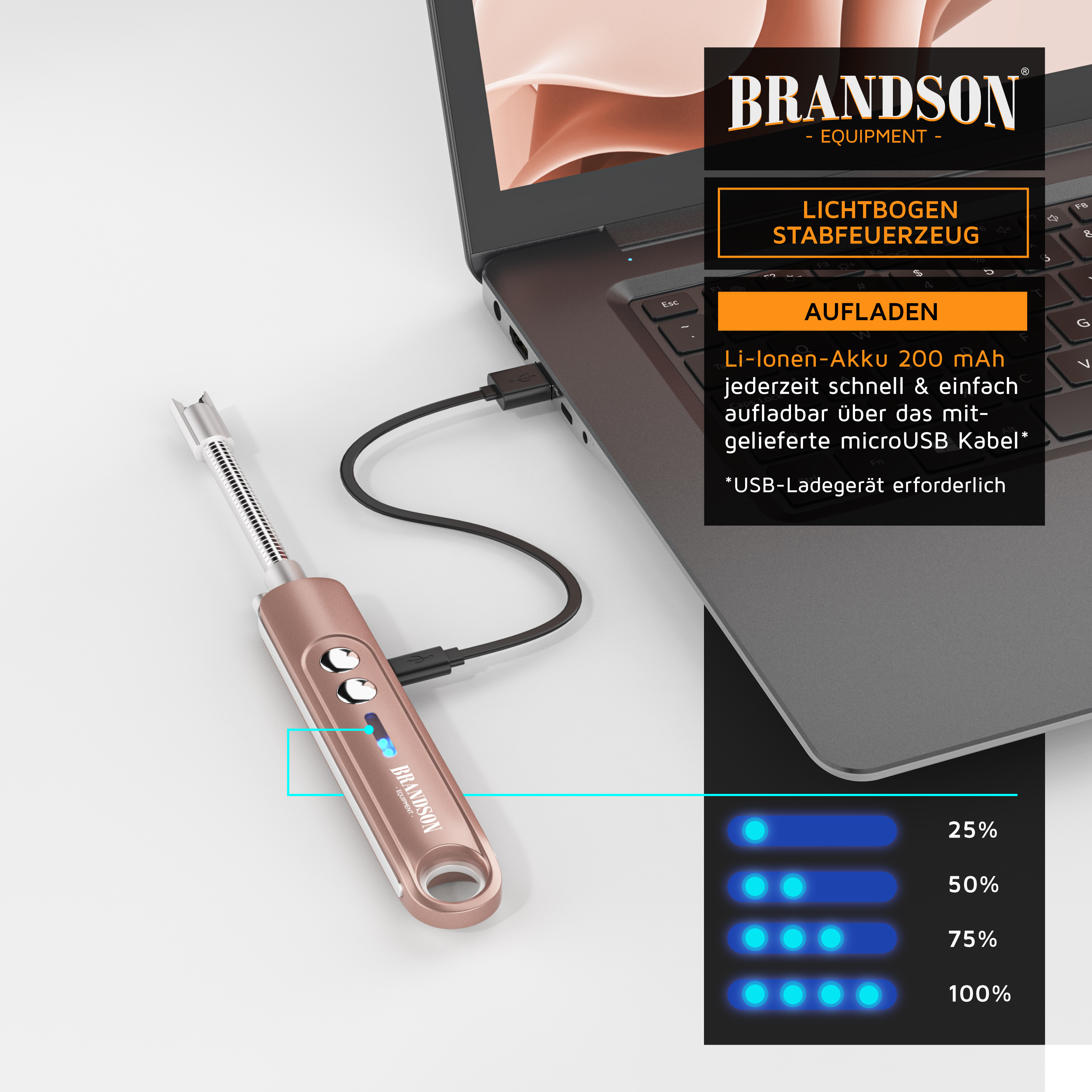 Brandson Lichtbogen-Stabfeuerzeug in Roségold, aufgeladen über USB, mit LED-Batteriestatusanzeige und zwei Bedientasten.