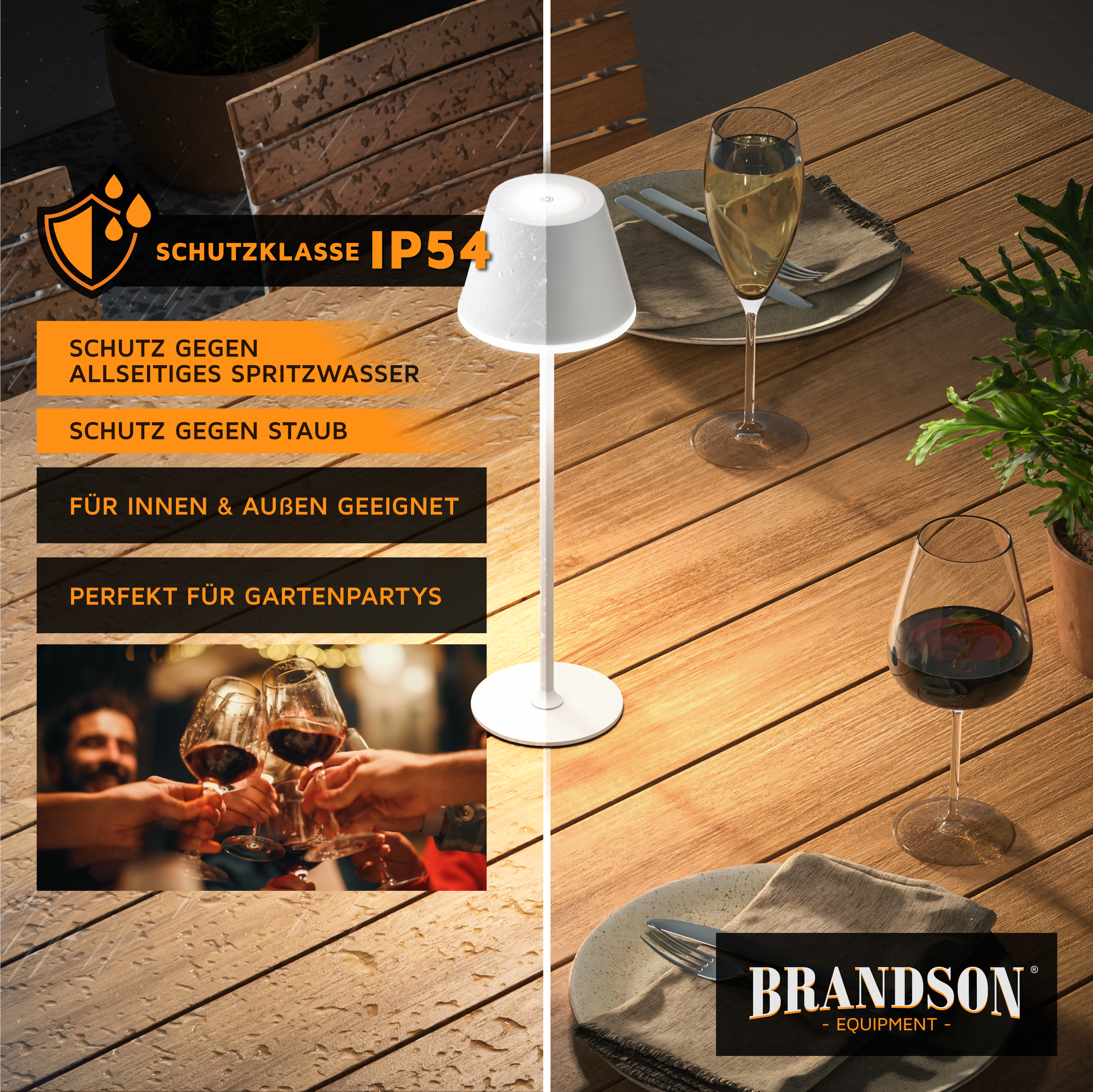 Brandson Tischlampe in Weiß mit IP54 Schutzklasse, ideal für Innen- und Außenbereiche, auf einem Holztisch bei einer Gartenparty.