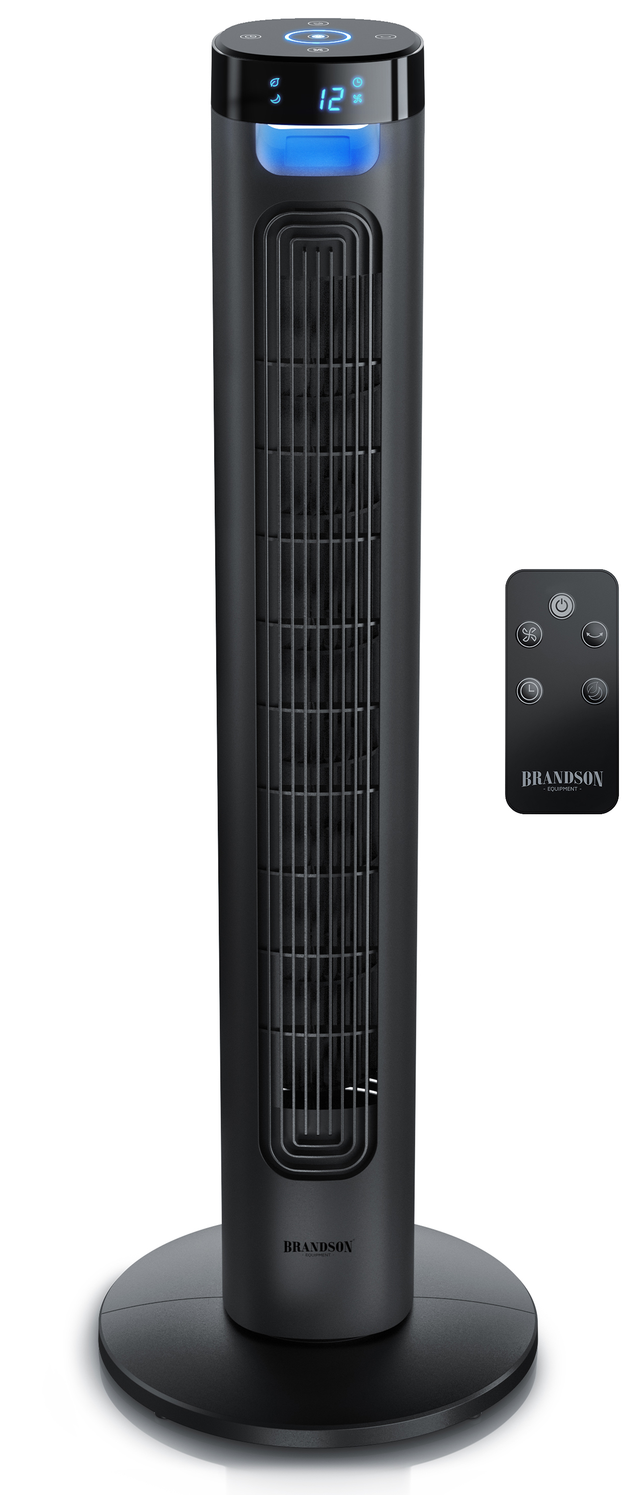 Brandson Turmventilator in Schwarz mit Digitalanzeige und Fernbedienung, elegantem Design und stabilem Sockel.