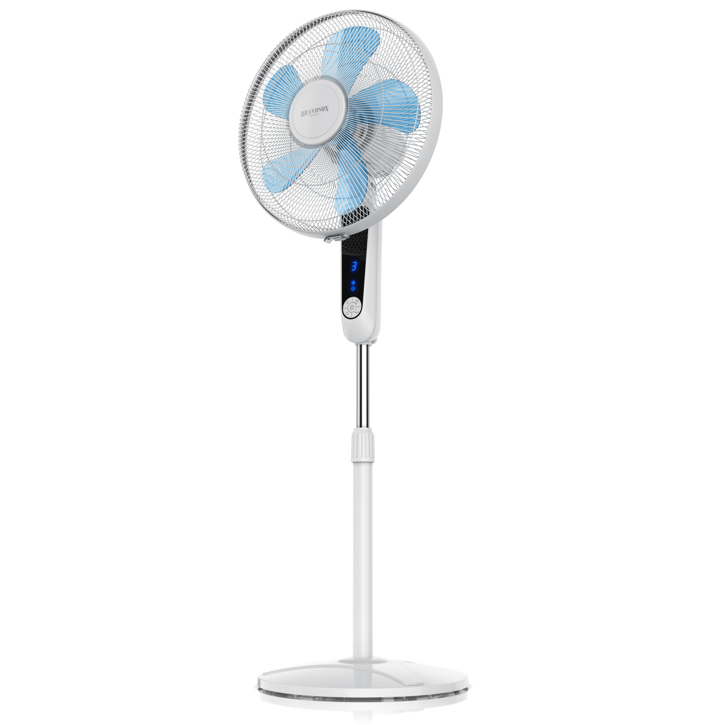 Brandson Standventilator in Weiß mit blauen Lüfterblättern, digitalem Display und Bedienfeld, stabiler Standfuß.
