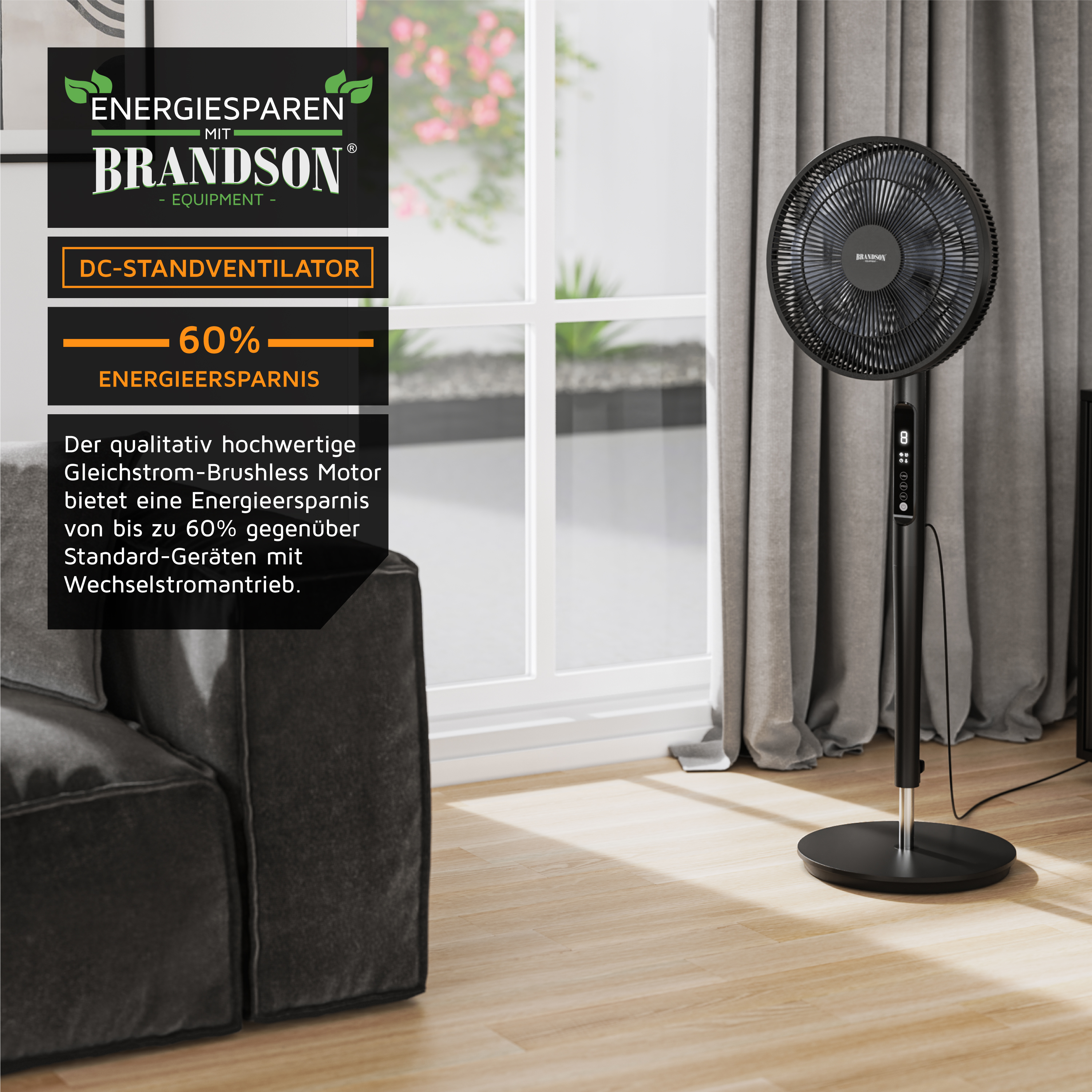 Brandson DC-Standventilator in Schwarz mit modernem Design, Bedienfeld und stabiler Standbasis, ideal für den Innenbereich.