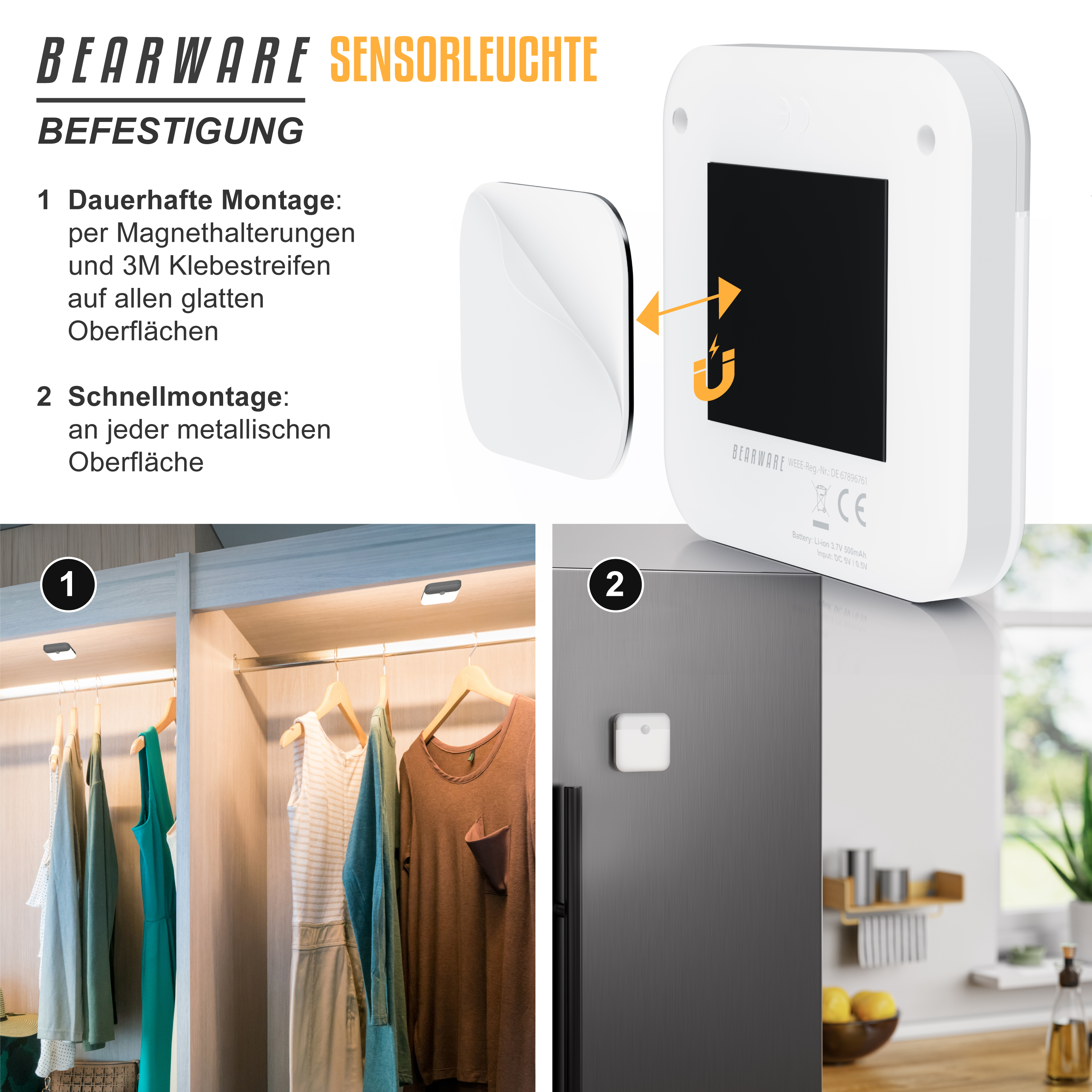 Brandson Sensorleuchte mit magnetischer Halterung, weißes Gehäuse, geeignet für glatte und metallische Oberflächen, ideal für Kleiderschränke.
