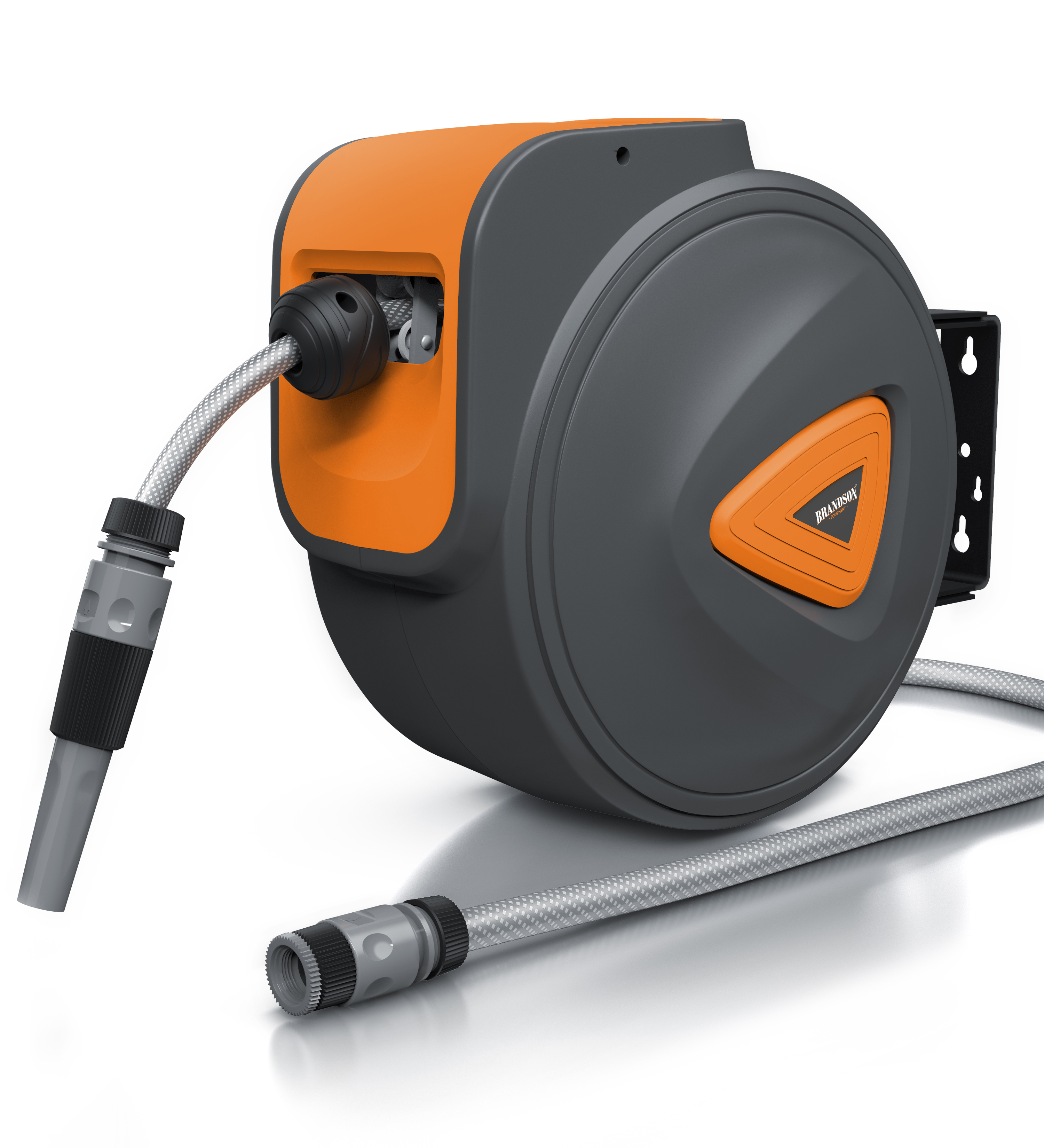 Brandson Schlauchaufroller in Grau mit orangefarbenem Deckel und flexibler Schlauchführung, ideal für die Aufbewahrung von Gartenschläuchen.