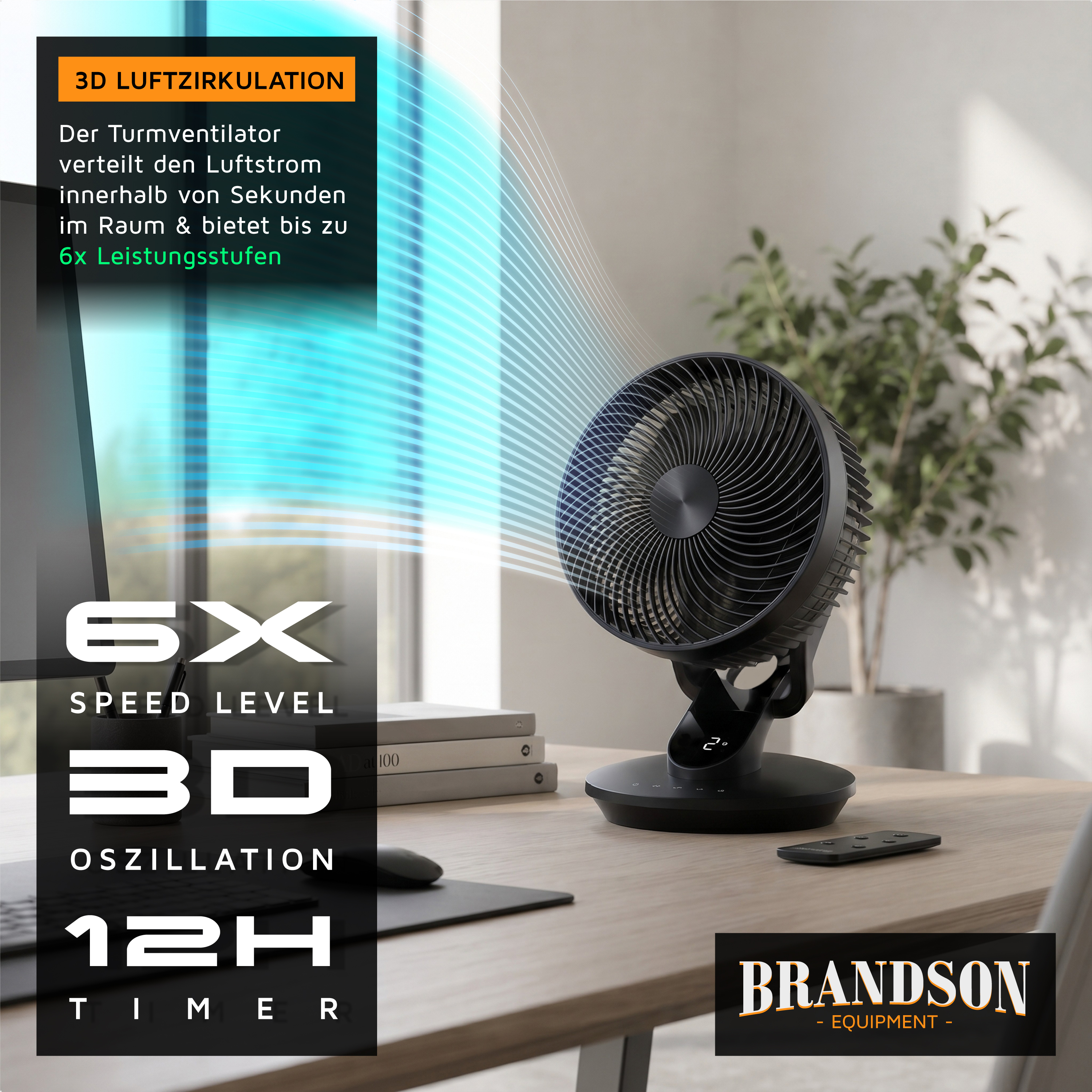 Brandson Turmventilator in Schwarz mit modernem Design, Bedienfeld und Fernbedienung, auf einem Schreibtisch in einem hellen Raum.