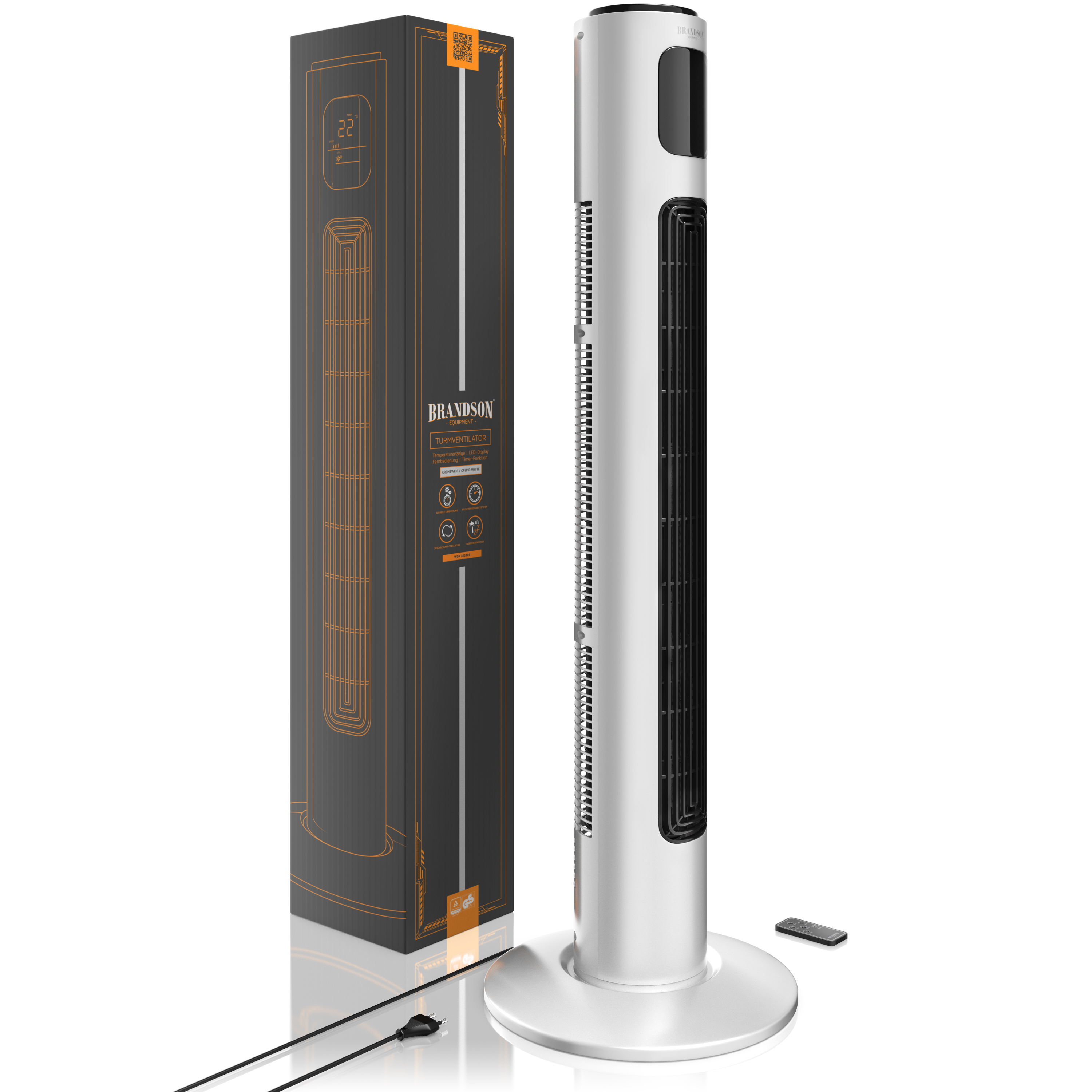 Brandson Turmventilator in Silber mit elegantem Design, digitaler Anzeige, Fernbedienung und stabilem runden Sockel, verpackt in einer Box.