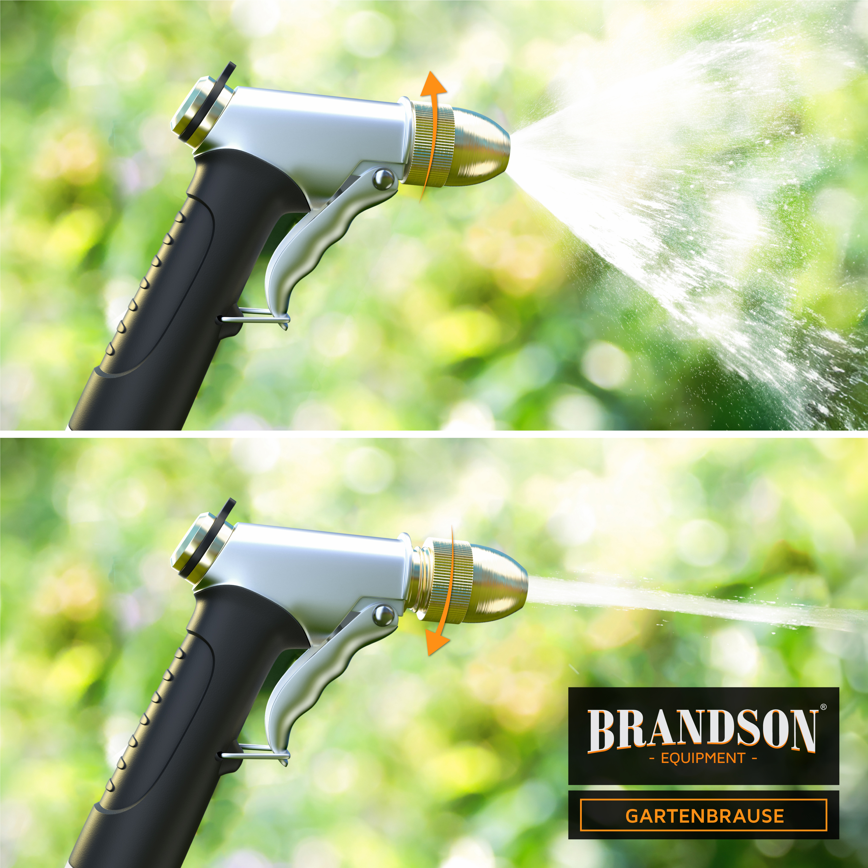Brandson Gartenbrause mit ergonomischem Griff, verstellbarem Sprühkopf und silber-schwarzem Design, ideal für Gartenarbeiten.