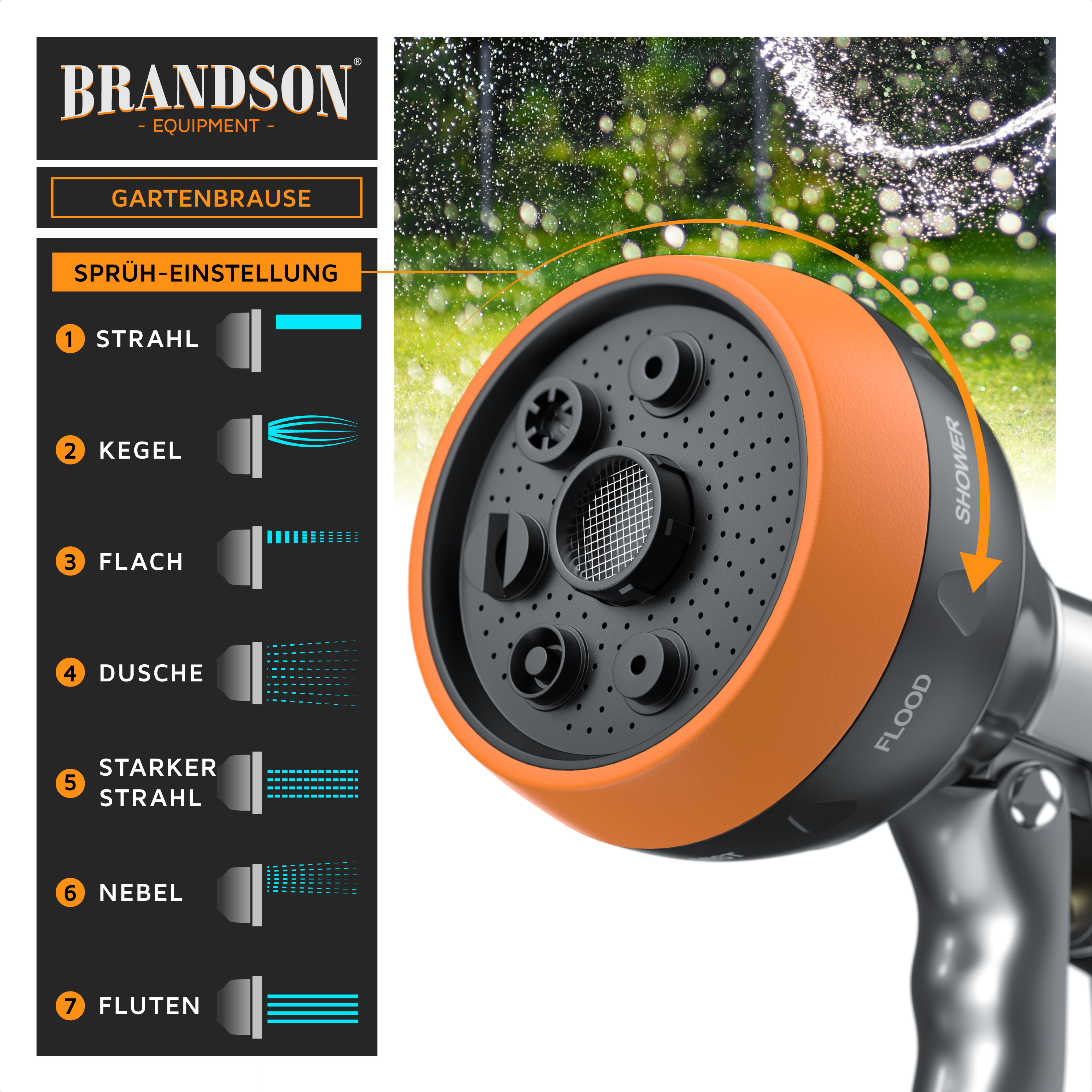 Brandson Gartenbrause mit orangefarbenem Griff und verschiedenen Sprüh-Einstellungen, ideal für Gartenbewässerung.