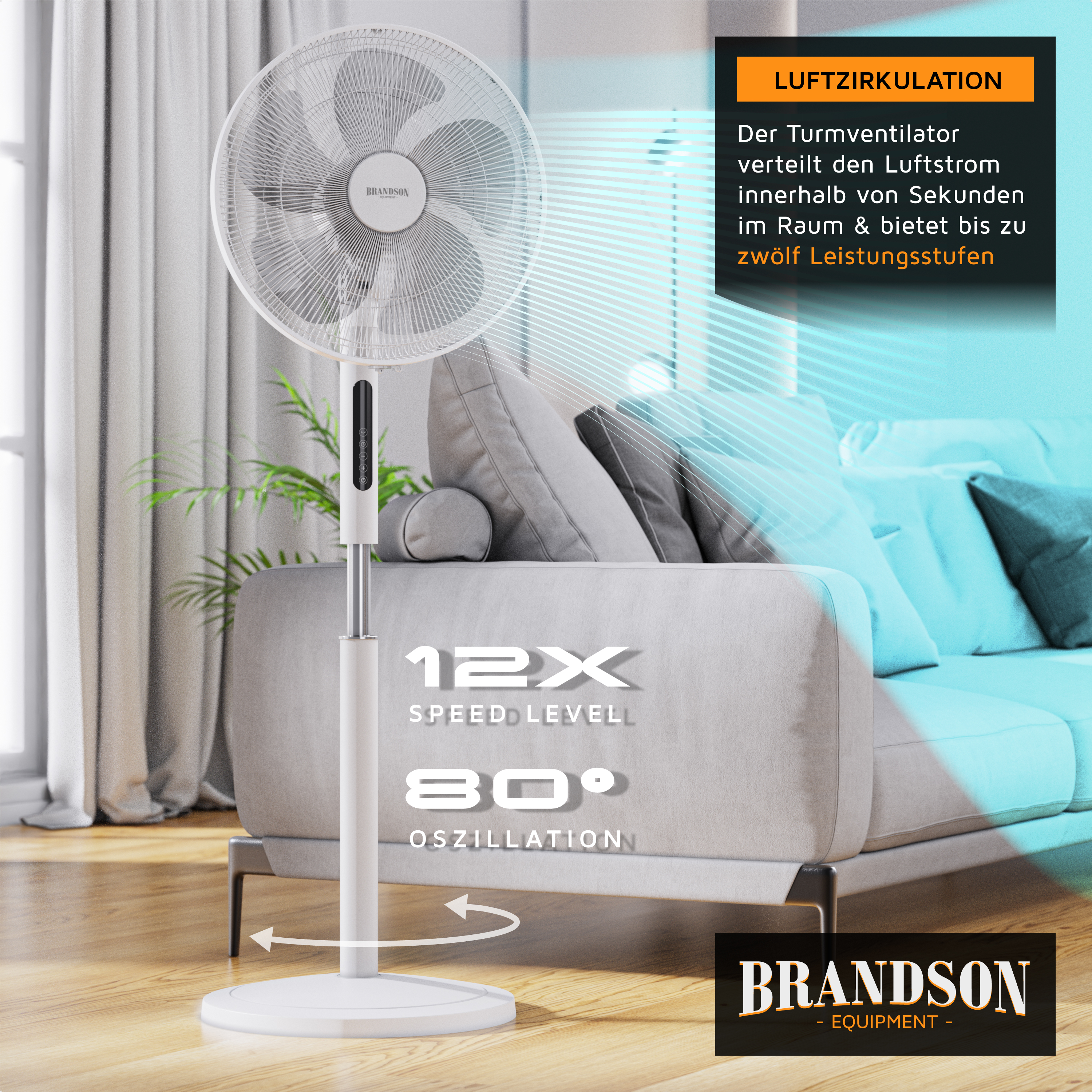 Brandson Turmventilator in Weiß mit verstellbarem Standfuß und Bedienfeld, platziert neben einem Sofa zur Luftzirkulation.