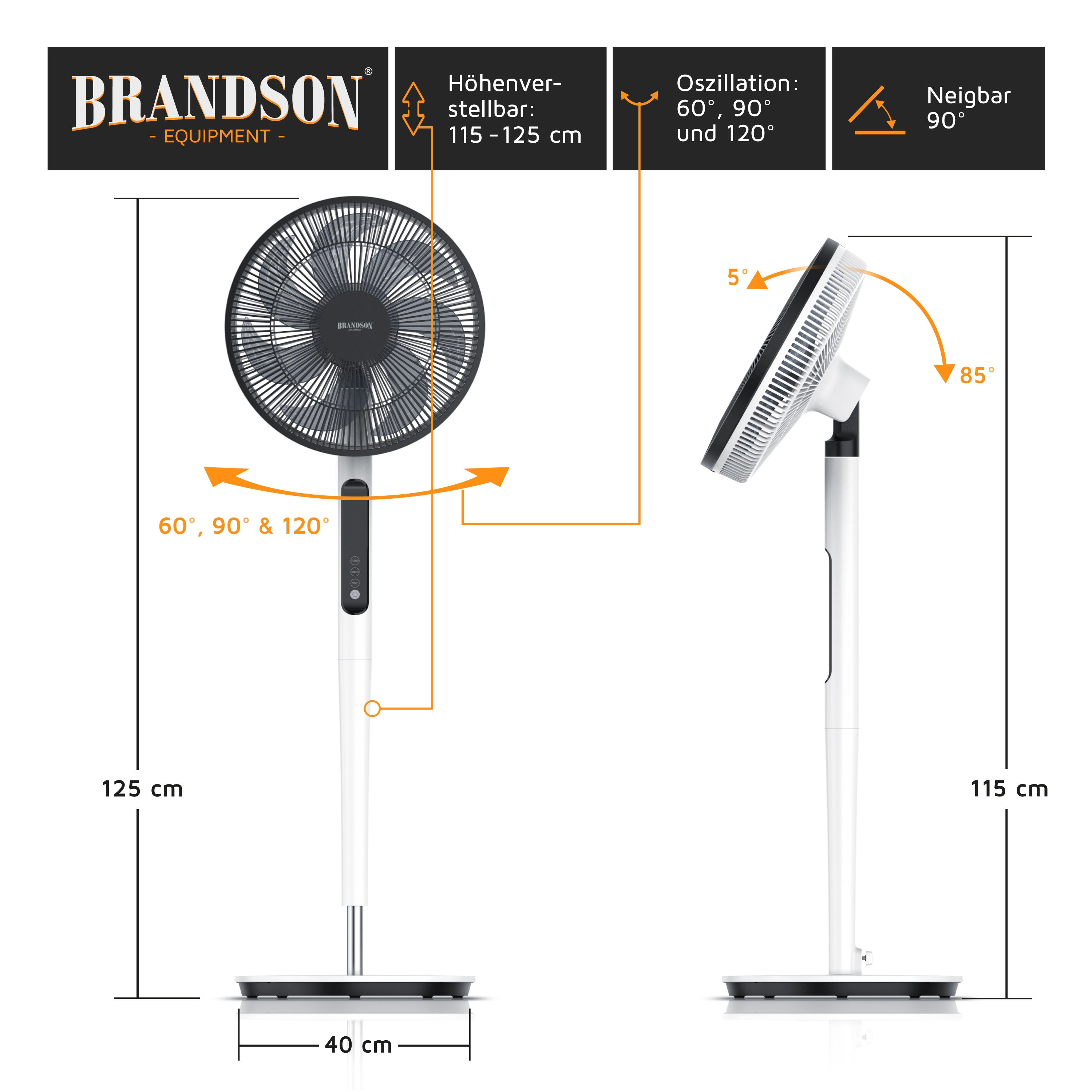 Standventilator von Brandson mit einstellbarer Höhe von 115–125 cm, Oszillationsoptionen und einem eleganten weißen Design mit Bedienfeld.
