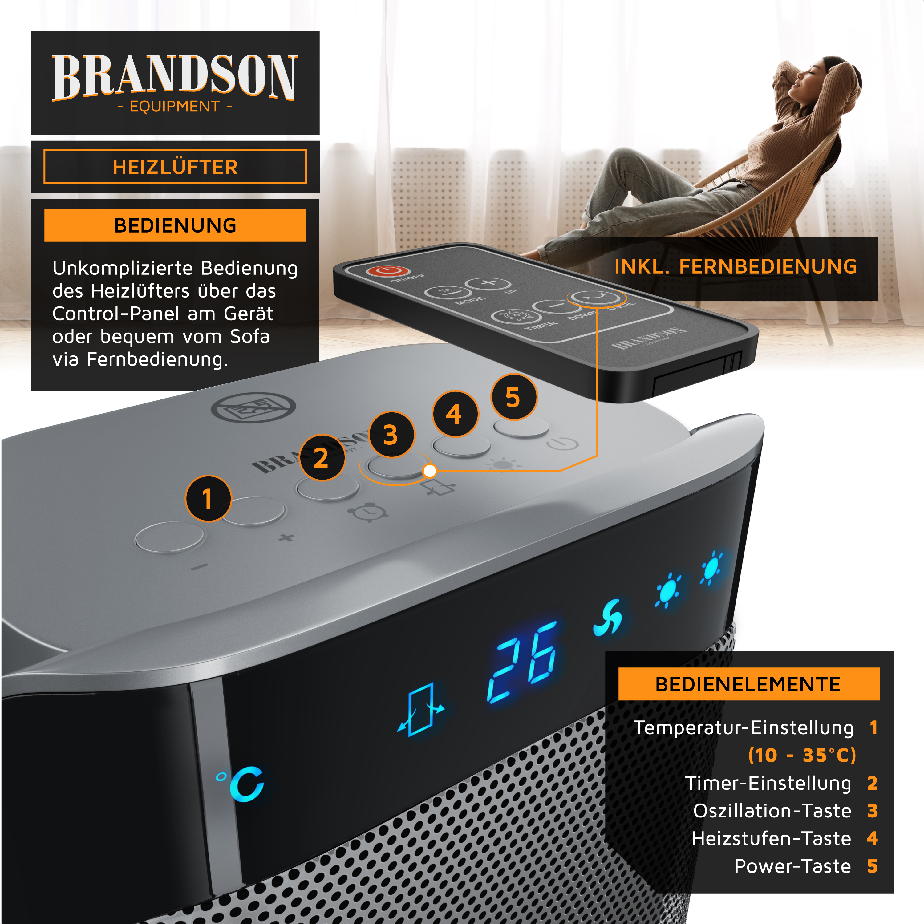 Brandson Heizlüfter mit digitalem Display, Bedienfeld, Fernbedienung und Temperaturanzeige, im modernen Design.