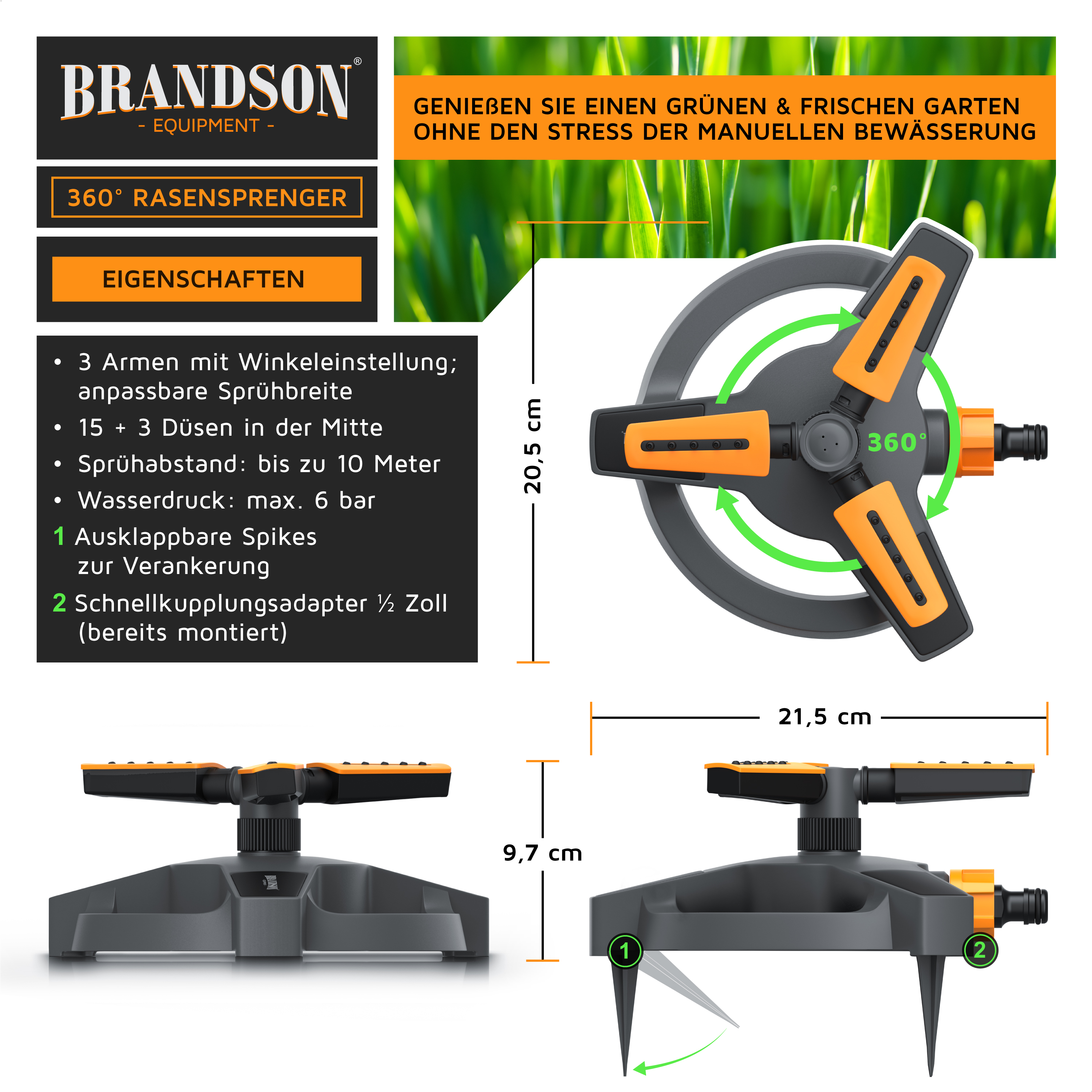 Brandson 360° Rasensprenger mit drei Armen, anpassbarer Sprühbreite und Schnellkupplungsadapter, ideal für die Gartenbewässerung.