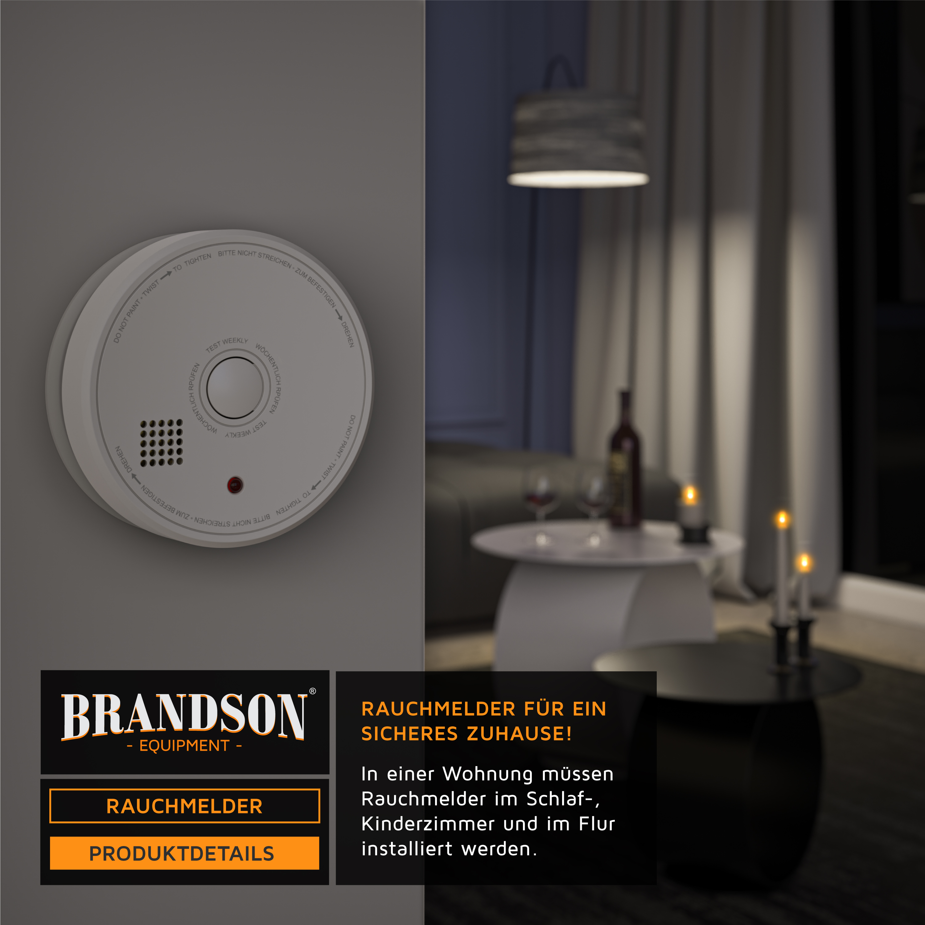 Brandson Rauchmelder in weißer Farbe mit Testknopf und LED-Anzeige, montiert an einer Wand in einem modernen Wohnraum.