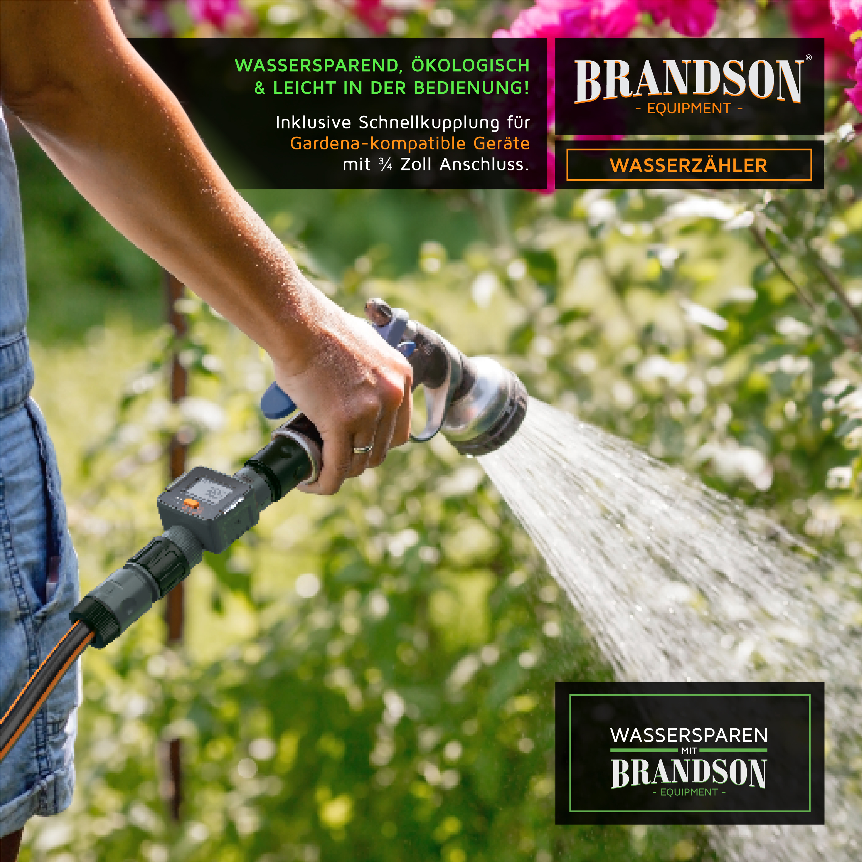 Brandson Wasserzähler mit Schnellkupplung für Gardena-kompatible Geräte, handgehalten, in Nutzung mit sprühendem Wasser.
