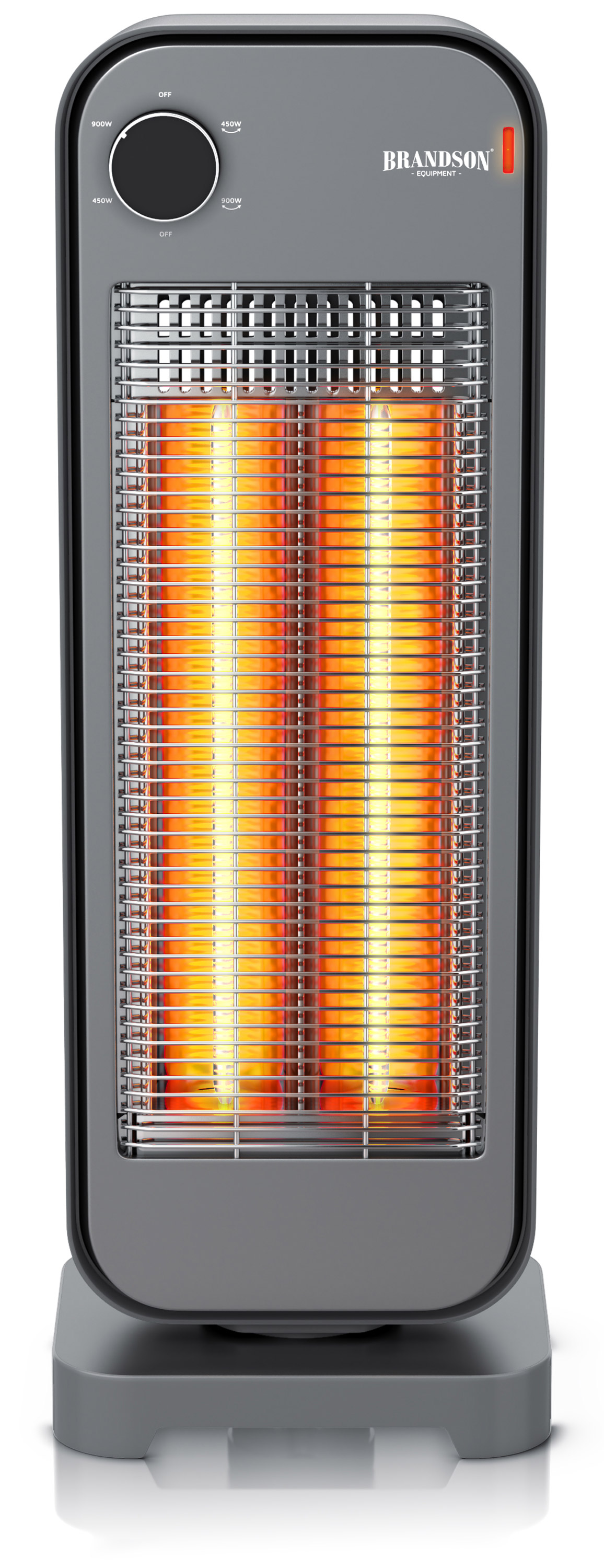 Brandson-Heizstrahler im grauen Turmdesign mit zwei leuchtend orangefarbenen Heizelementen, einem Drehregler und einem schützenden Metallgitter.