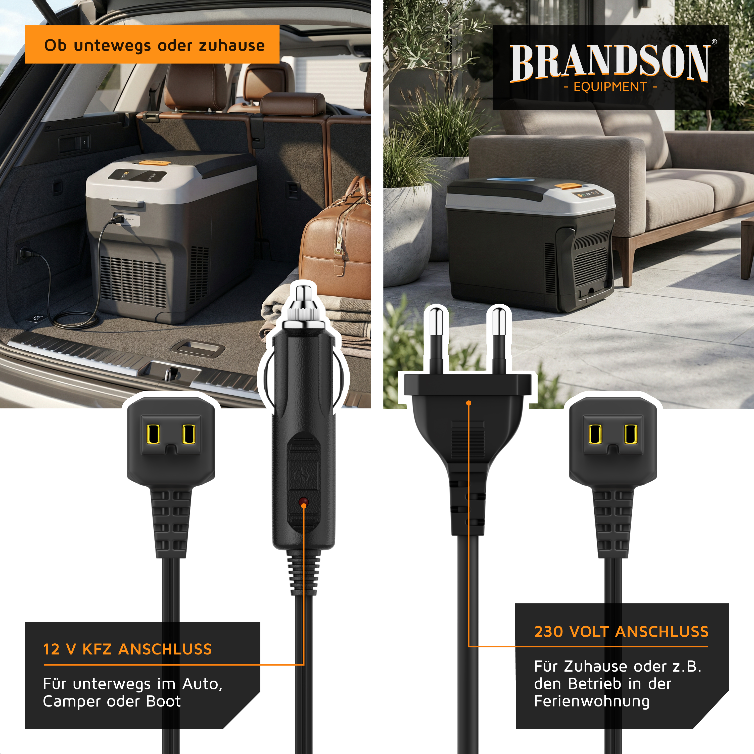 Brandson elektrische Kühlbox in schwarz und grau, mit 12 V KFZ-Anschluss und 230 Volt Anschluss, ideal für Auto oder Zuhause.