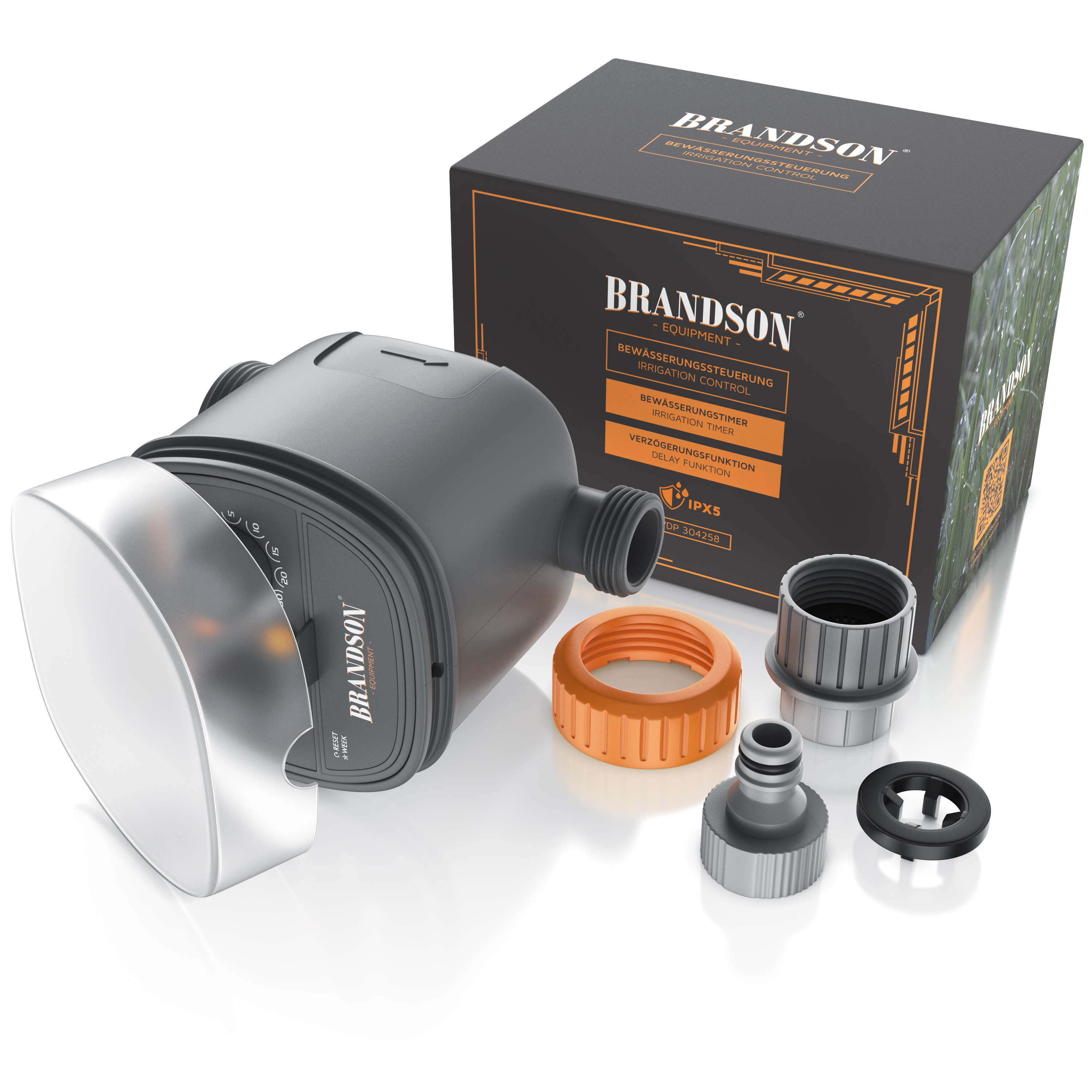 Bewässerungssteuergerät von Brandson mit grauem Gehäuse, transparenter Vorderseite und verschiedenen Anschlüssen, angezeigt mit Verpackung.
